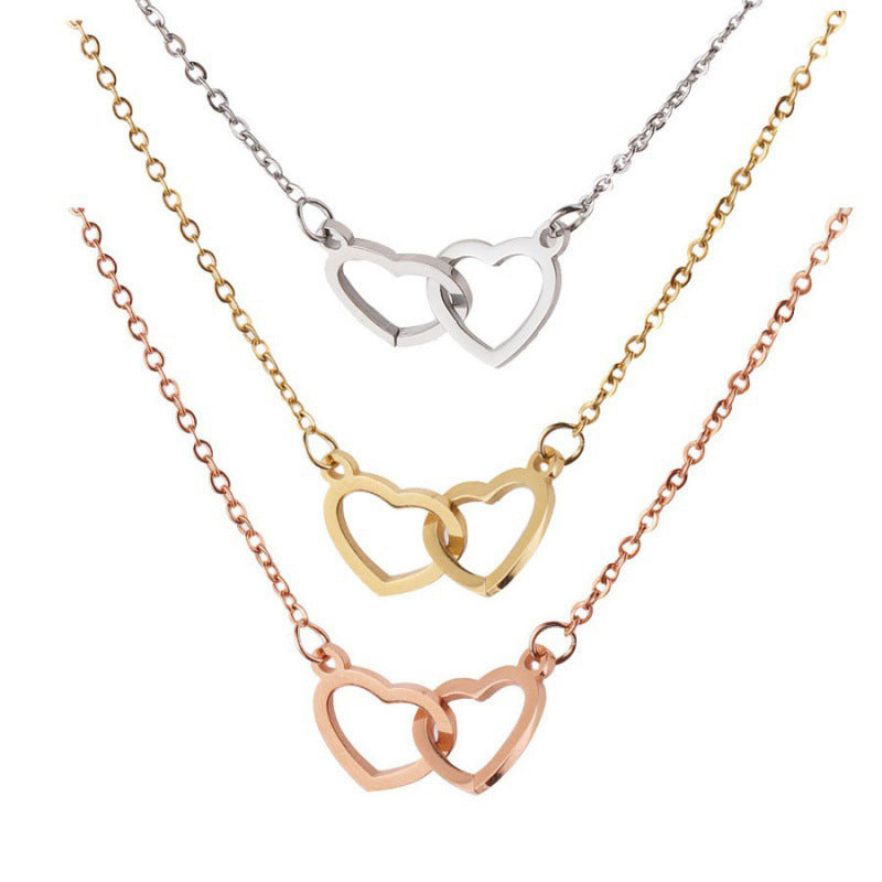 Double Heart Name Necklace in silver, gold, and rose gold options, showcasing a stylish design perfect for couples.