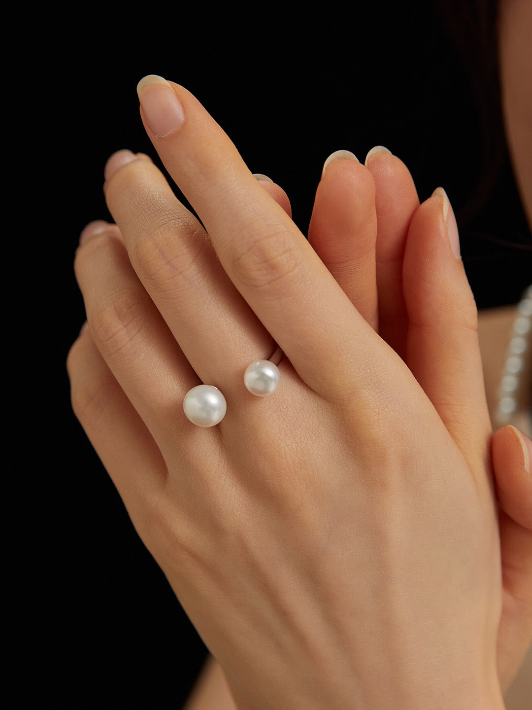 Elegant Double Pearl Open Ring featuring freshwater pearls on an adjustable sterling silver band, perfect for any occasion.