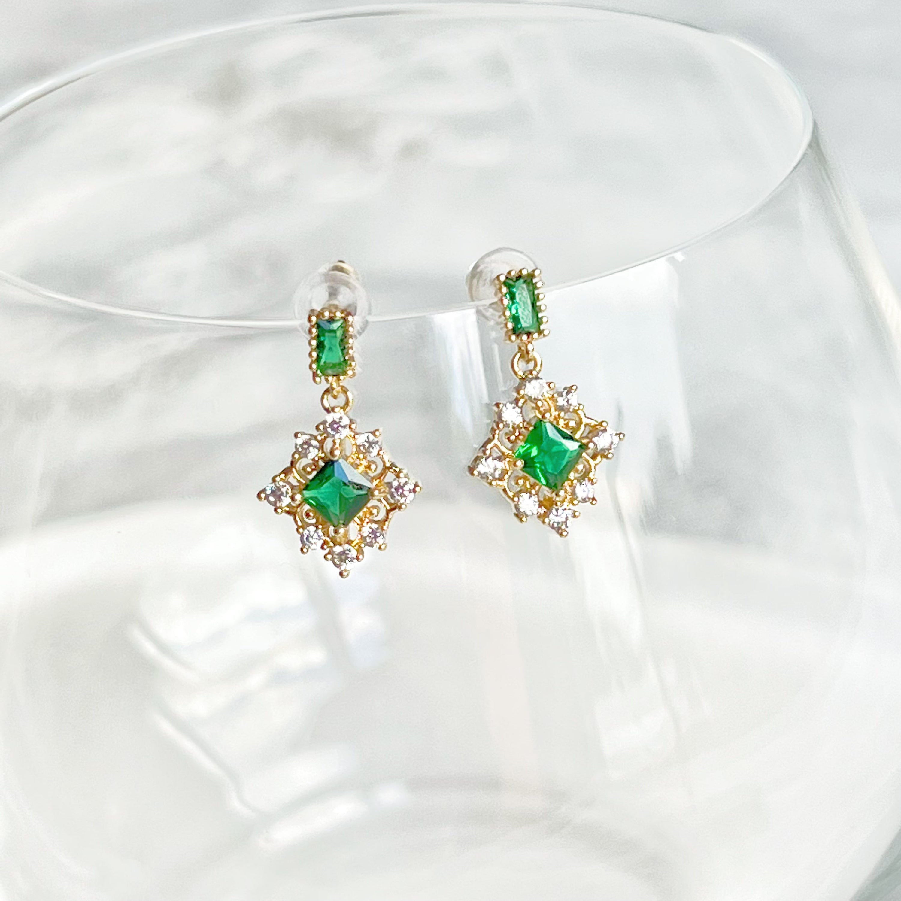 Elegant Double Square Emerald Green Crystal Drop Earrings with gold-plated bronze base and sterling silver ear studs.