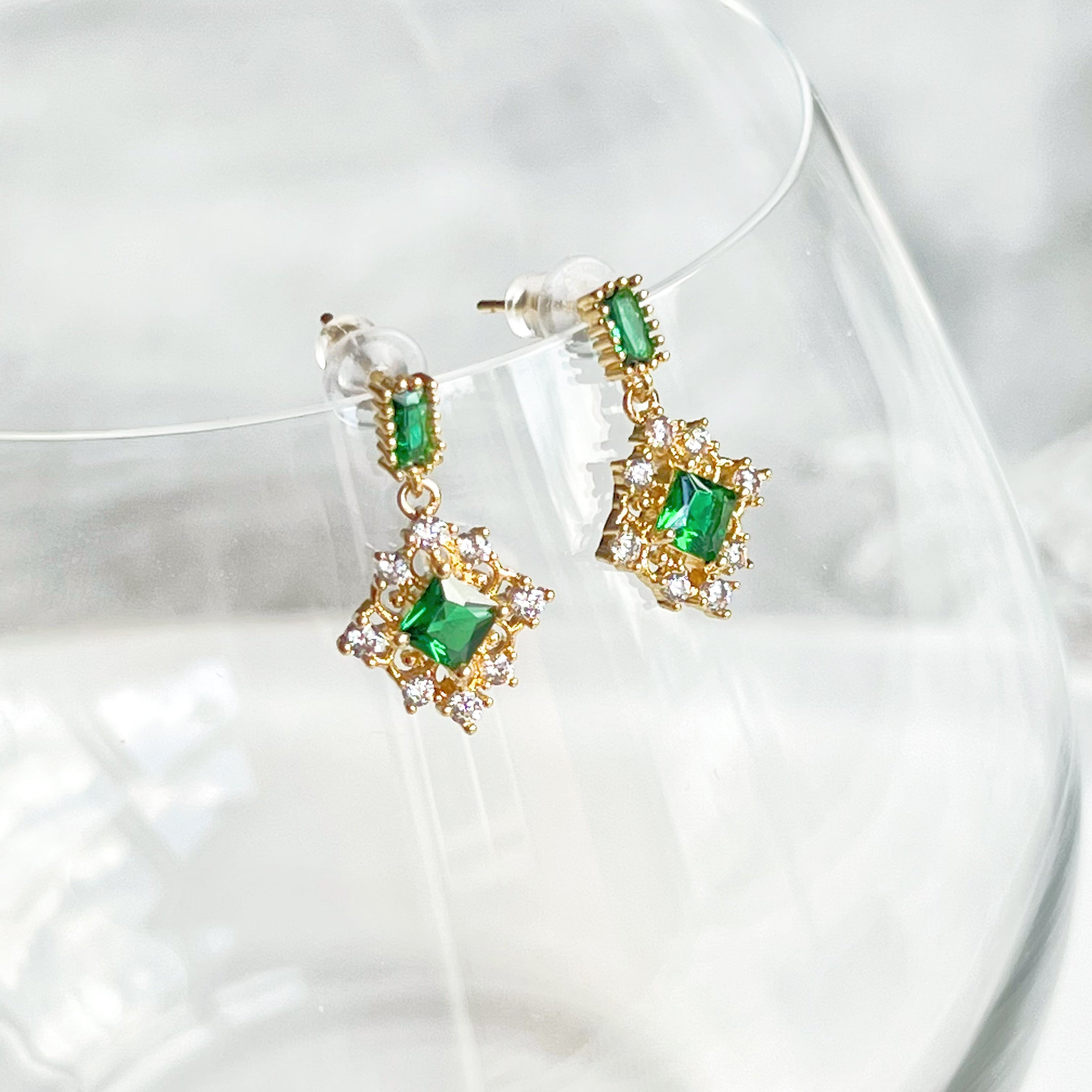 Elegant Double Square Emerald Green Crystal Drop Earrings with gold-plated bronze base and sterling silver ear studs.