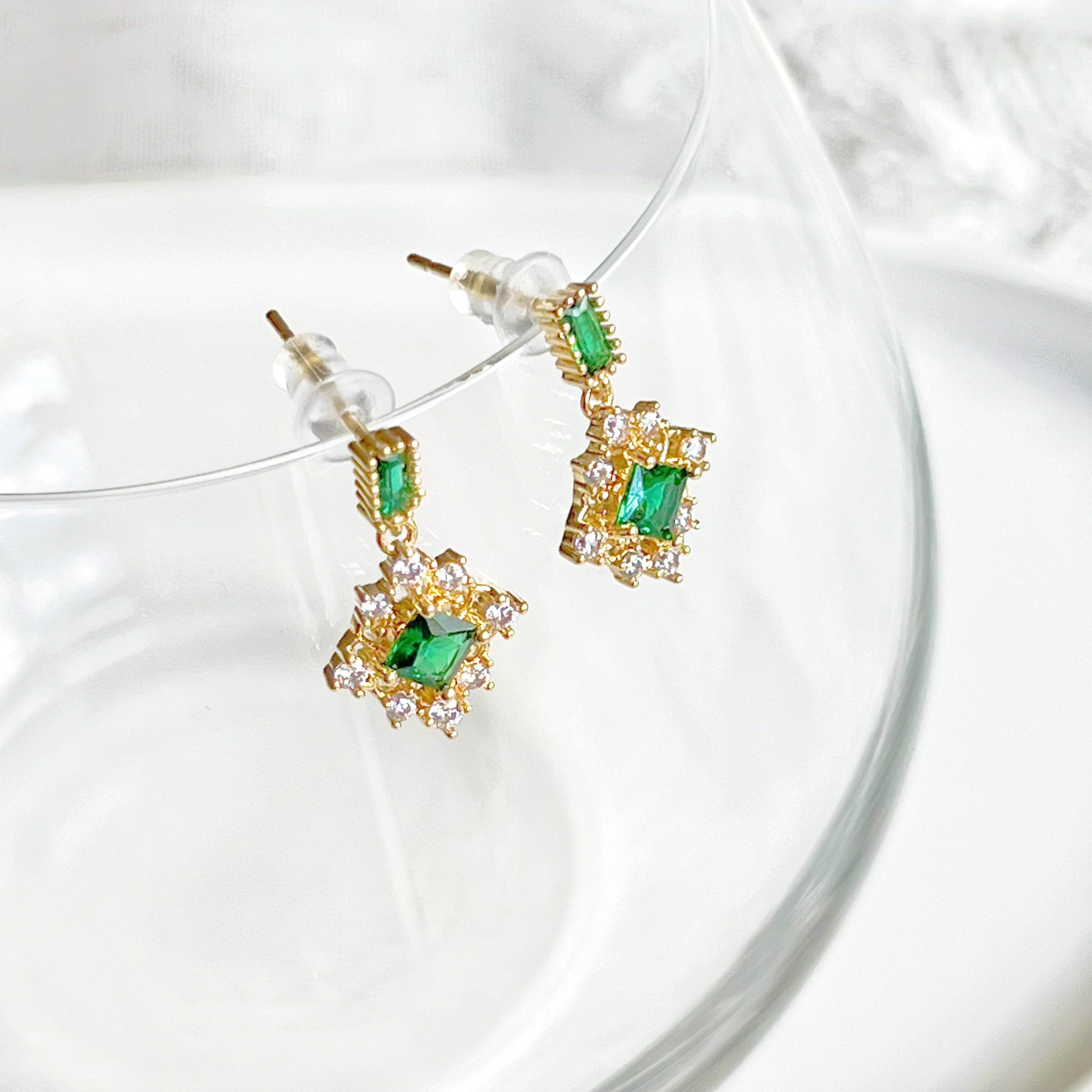Elegant Double Square Emerald Green Crystal Drop Earrings with gold-plated bronze base and sterling silver ear studs.