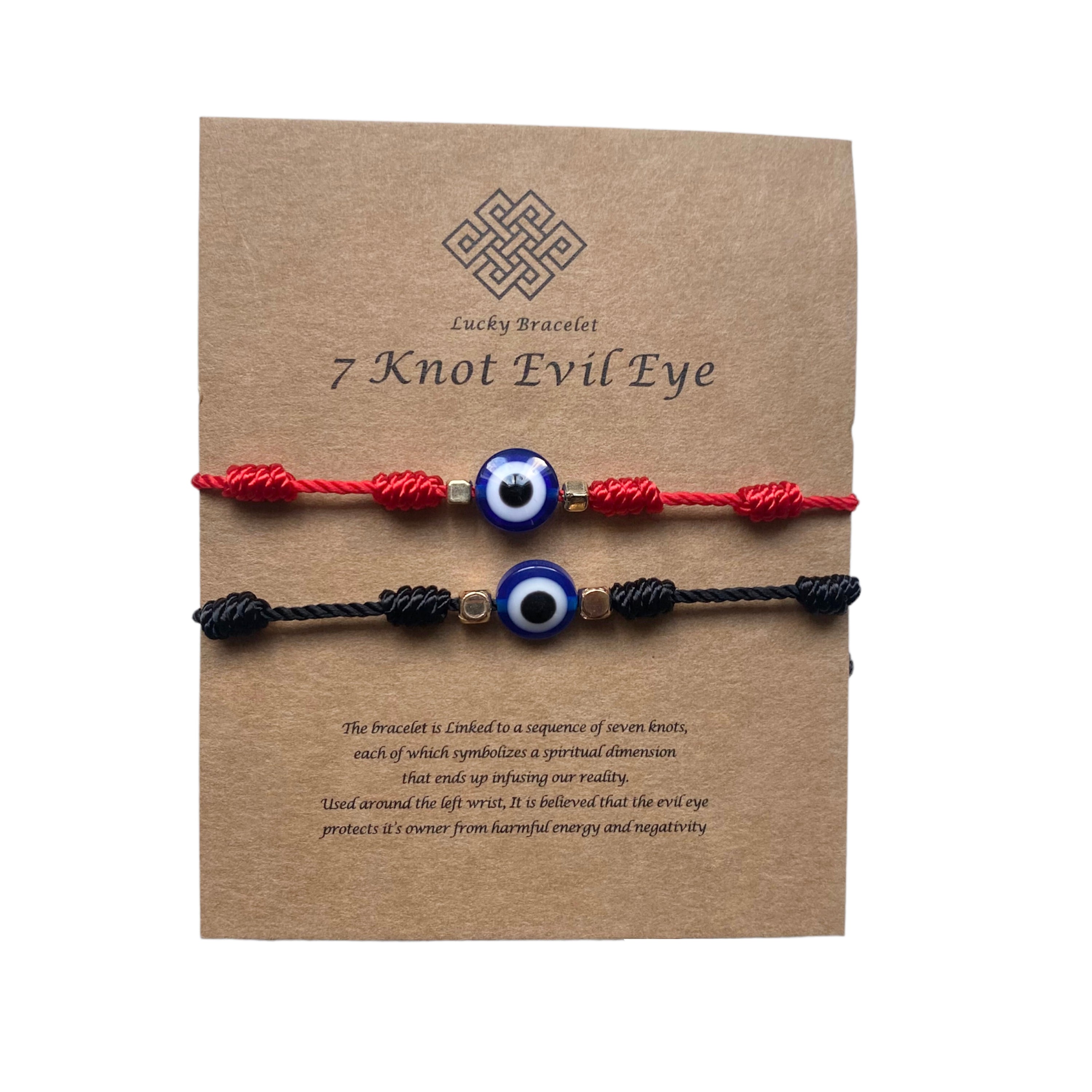 Double Up Evil Eye Protection Bracelet Set featuring seven spiritual knots, adjustable design, and a protective evil eye symbol.
