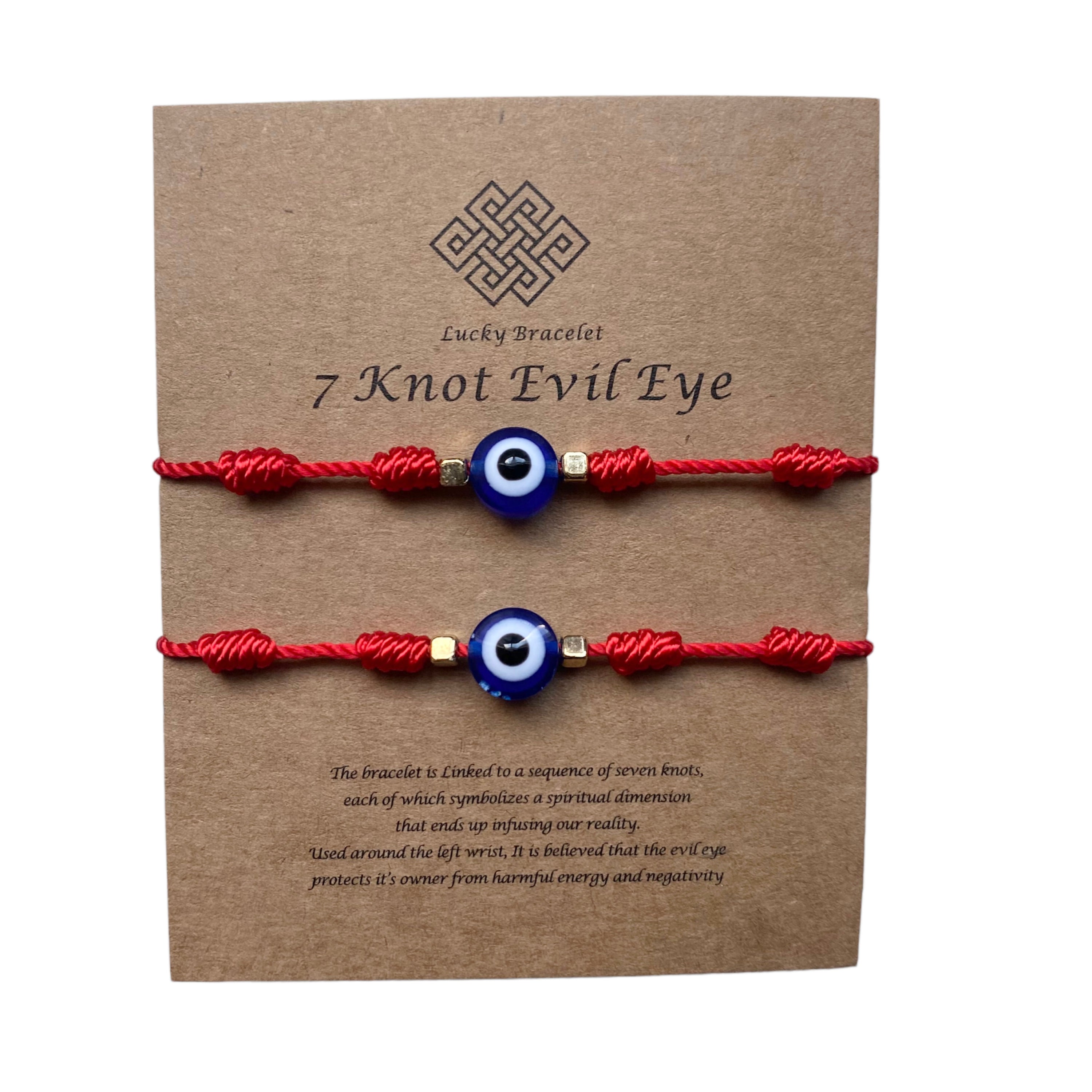 Double Up Evil Eye Protection Bracelet Set featuring seven spiritual knots, adjustable design, and a protective evil eye symbol.