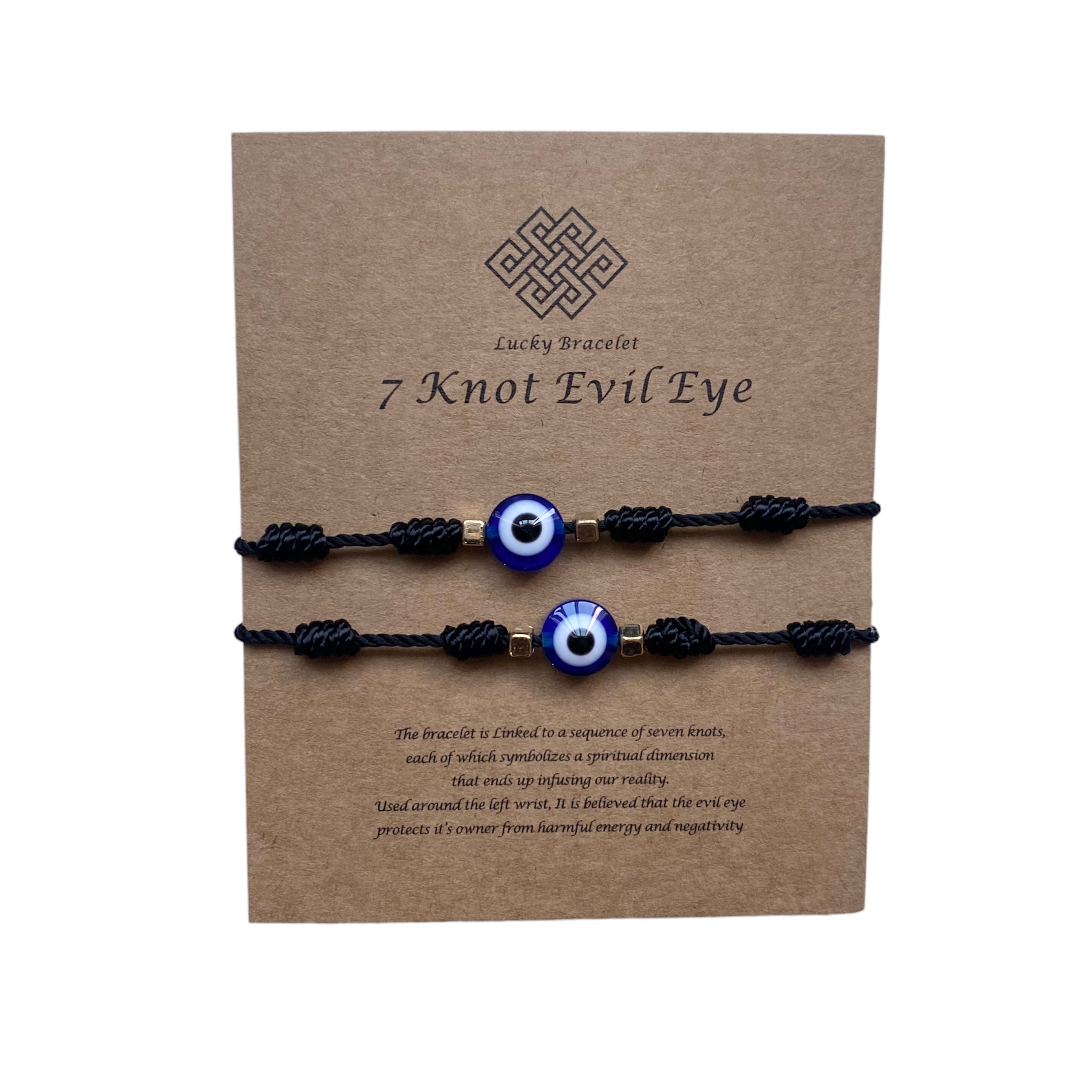 Double Up Evil Eye Protection Bracelet Set featuring seven spiritual knots, adjustable design, and a protective evil eye symbol.
