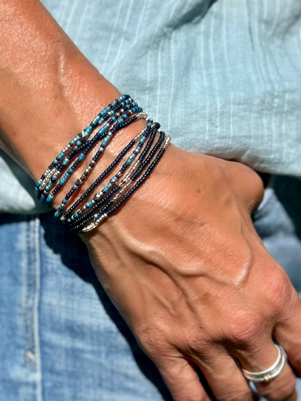 Double-Up 2-Piece Navy Blues Mix Silver-Sprinkle Beaded Wrap Bracelet featuring dark and light blue shades with silver Czech glass beads.