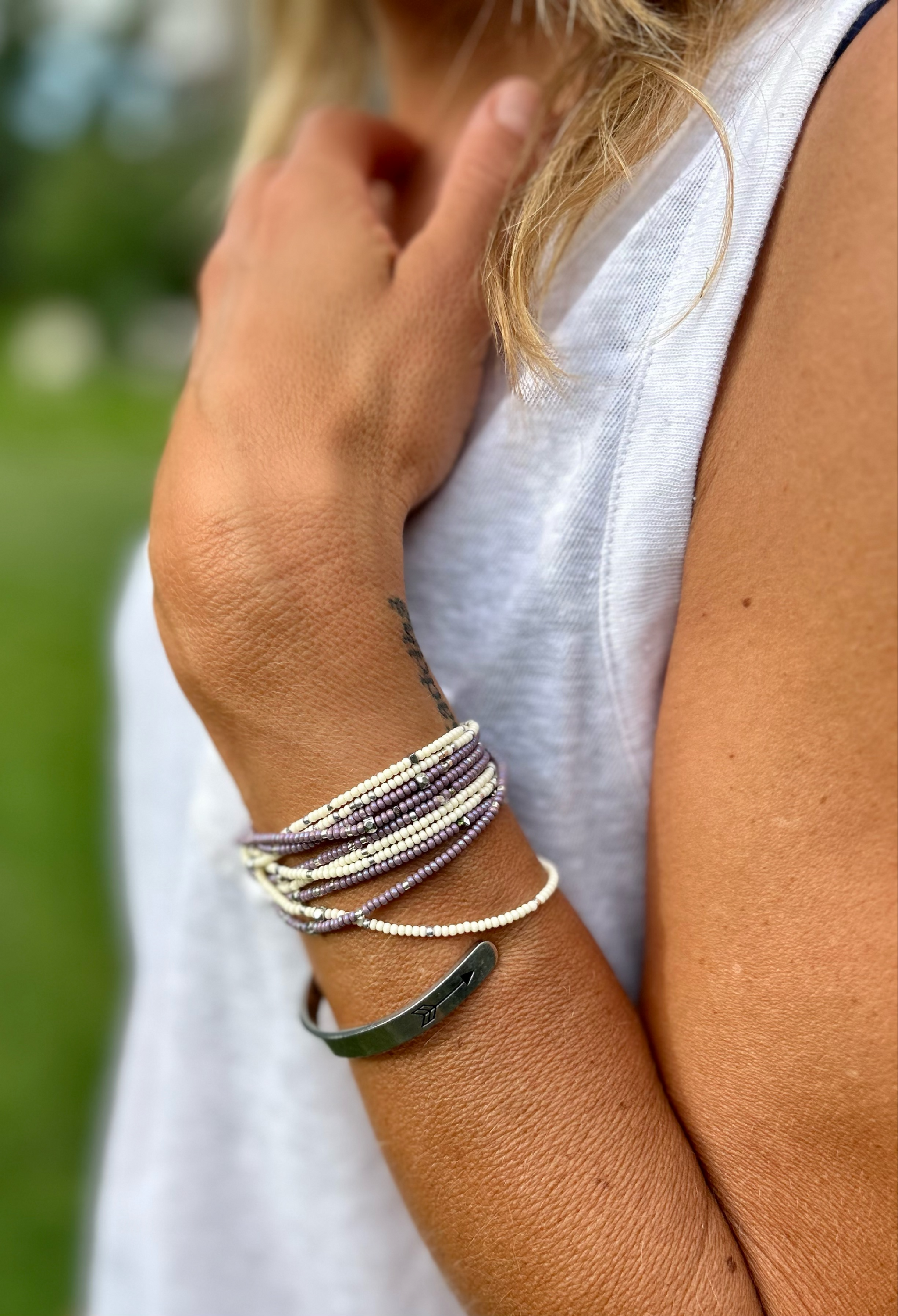 Double-Up Lilac & White Silver-Sprinkled Beaded Wrap Bracelet featuring lilac Czech glass seed beads and metallic silver accents.