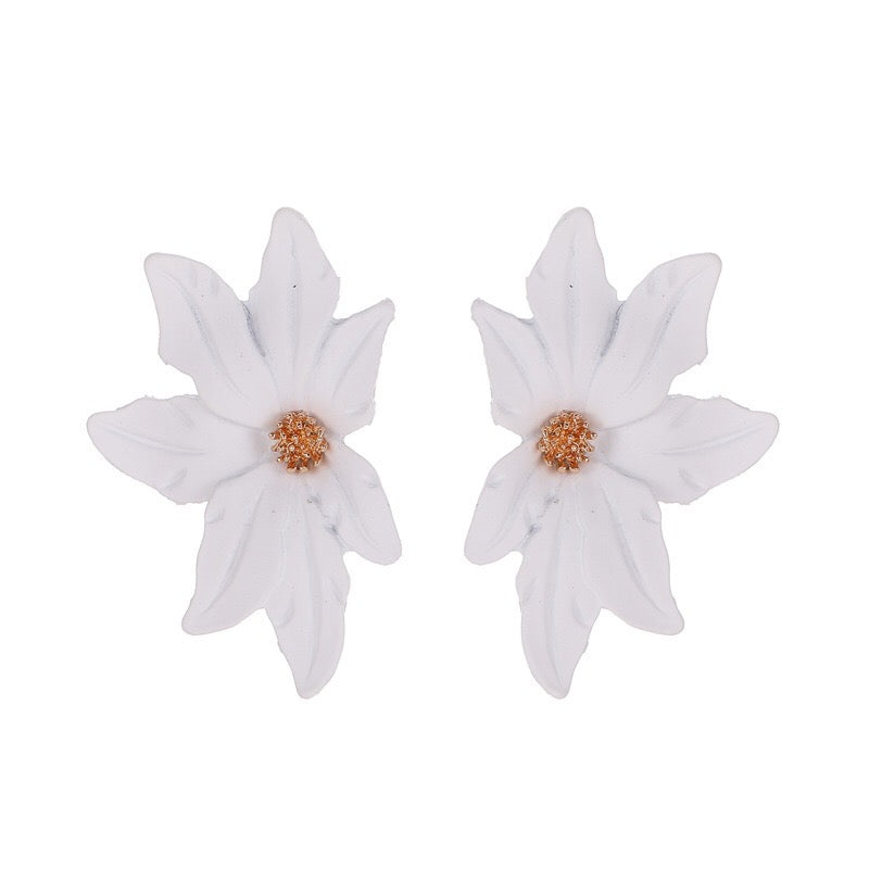 Dramatic flower stud earrings made of alloy, featuring intricate floral design and lightweight construction.