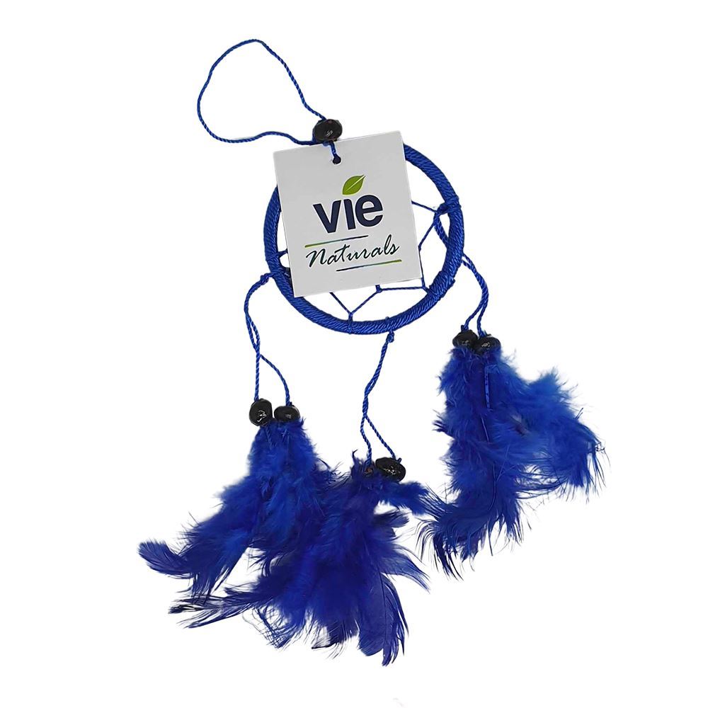 Handmade blue dream catcher with a 6cm ring, featuring a central bead and six feathers, symbolizing protection from negative dreams.