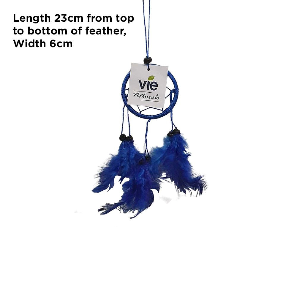 Handmade blue dream catcher with a 6cm ring, featuring a central bead and six feathers, symbolizing protection from negative dreams.