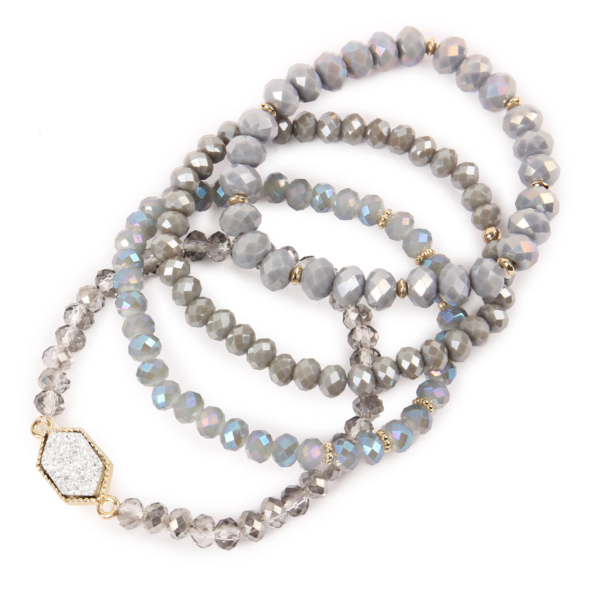 Colorful Druzy Stone Hexagon Glass Beads Bracelets displayed elegantly, showcasing their unique design and vibrant colors.