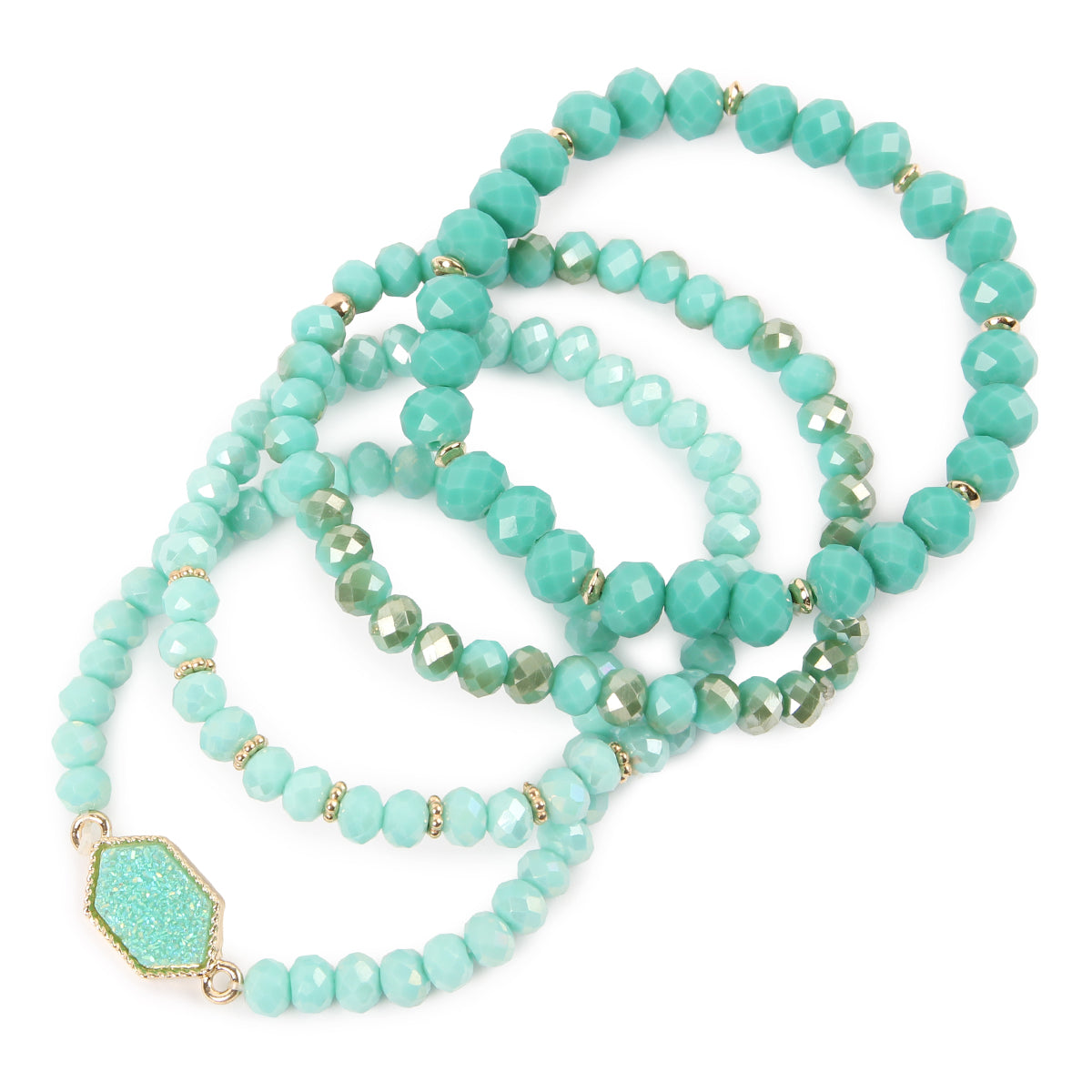 Colorful Druzy Stone Hexagon Glass Beads Bracelets displayed elegantly, showcasing their unique design and vibrant colors.