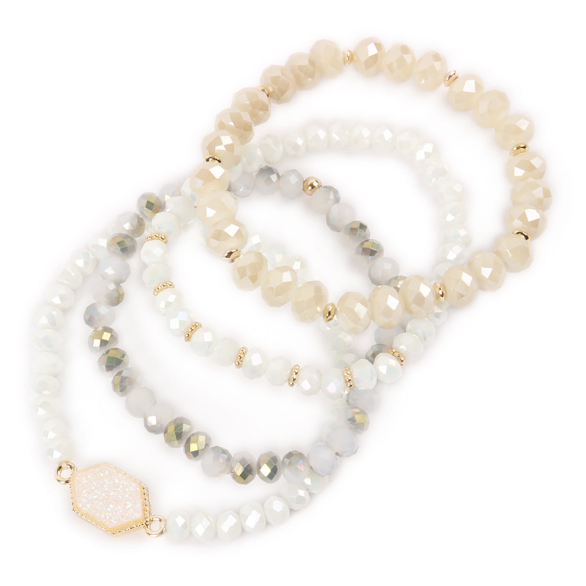 Colorful Druzy Stone Hexagon Glass Beads Bracelets displayed elegantly, showcasing their unique design and vibrant colors.