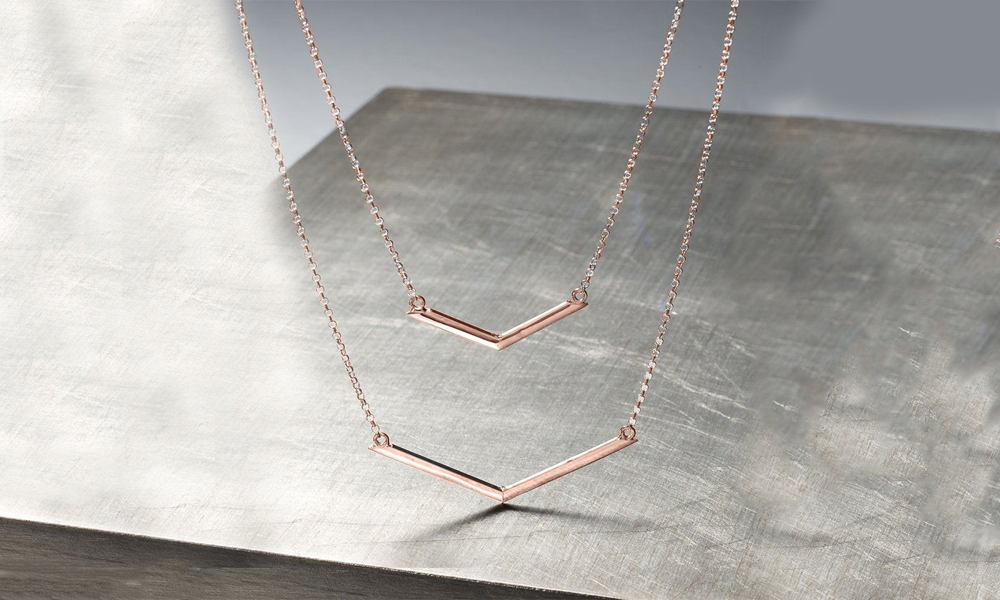 Duo Dangling Chevron Statement Necklace in 18K Gold with elegant chevron design, available in gold, rose gold, and white gold options.
