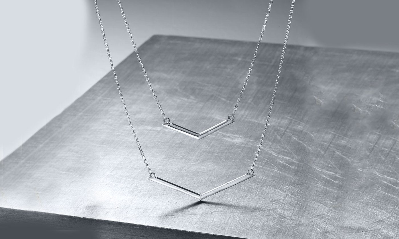 Duo Dangling Chevron Statement Necklace in 18K Gold with elegant chevron design, available in gold, rose gold, and white gold options.