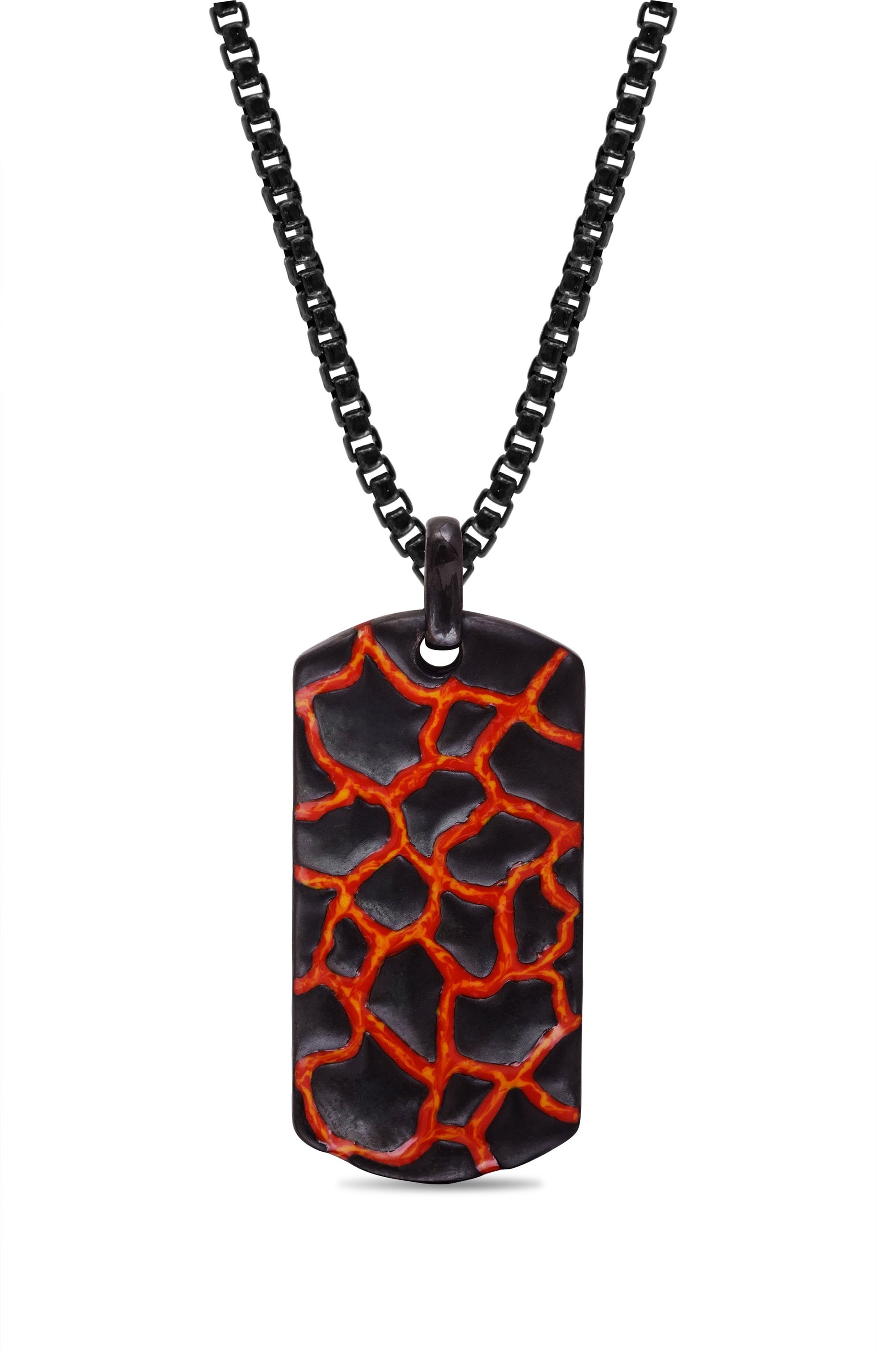 Earth & Fire Black Rhodium Plated Sterling Silver Tag with red and orange enamel, showcasing textured design inspired by lava.