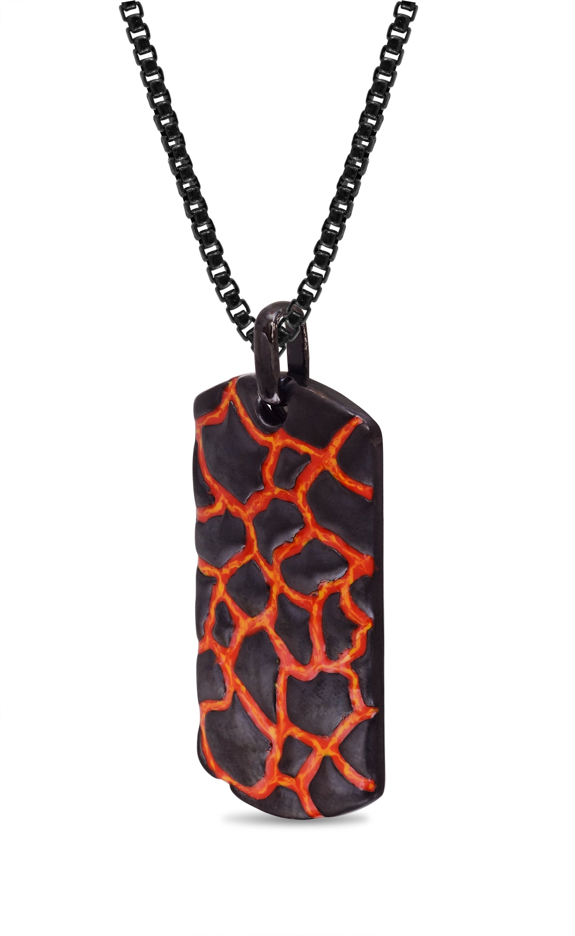 Earth & Fire Black Rhodium Plated Sterling Silver Tag with red and orange enamel, showcasing textured design inspired by lava.