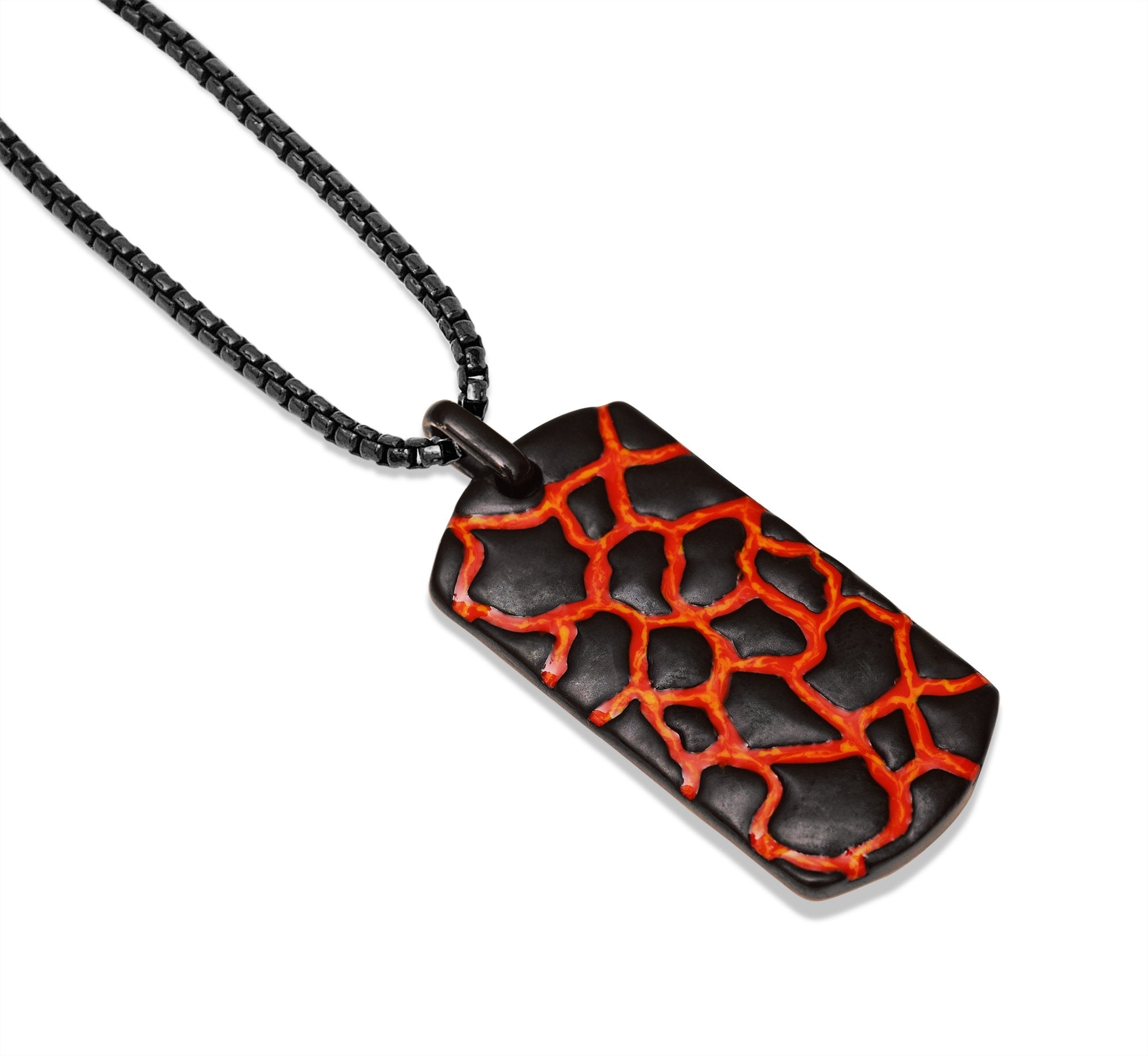 Earth & Fire Black Rhodium Plated Sterling Silver Tag with red and orange enamel, showcasing textured design inspired by lava.