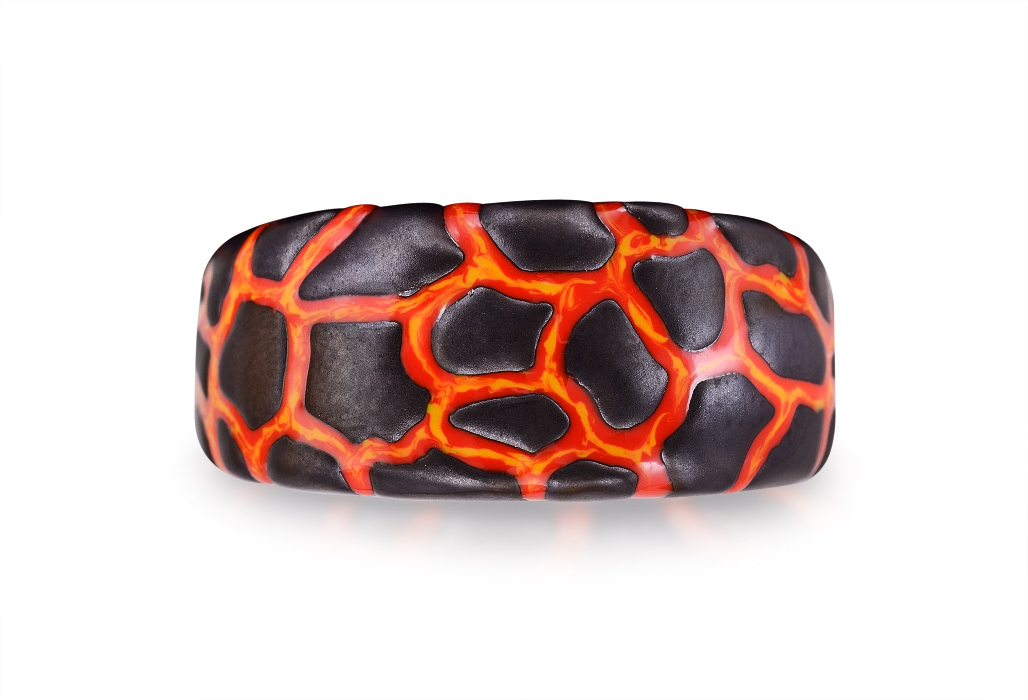 Earth & Fire Black Rhodium Plated Sterling Silver Ring with textured surface and vibrant red-orange enamel, inspired by lava flow.