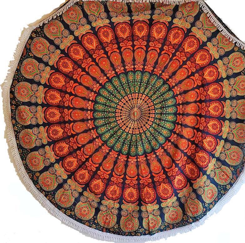 Earthy Vibes Round Mandala Tapestry with intricate lace trim, displayed hanging to showcase its design and size.