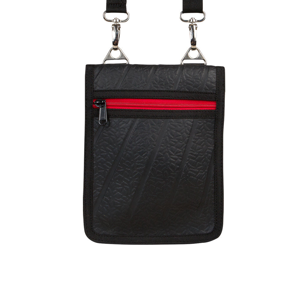 Eddie Recycled Rubber Outdoor Vegan Handbag with adjustable strap and colorful zips, showcasing its eco-friendly design.
