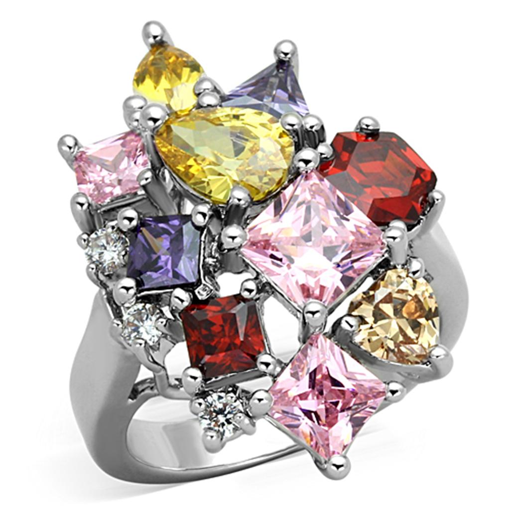 Ela Cocktail Ring featuring rhodium brass and multi-color AAA CZ stones, elegantly designed for a stunning look.