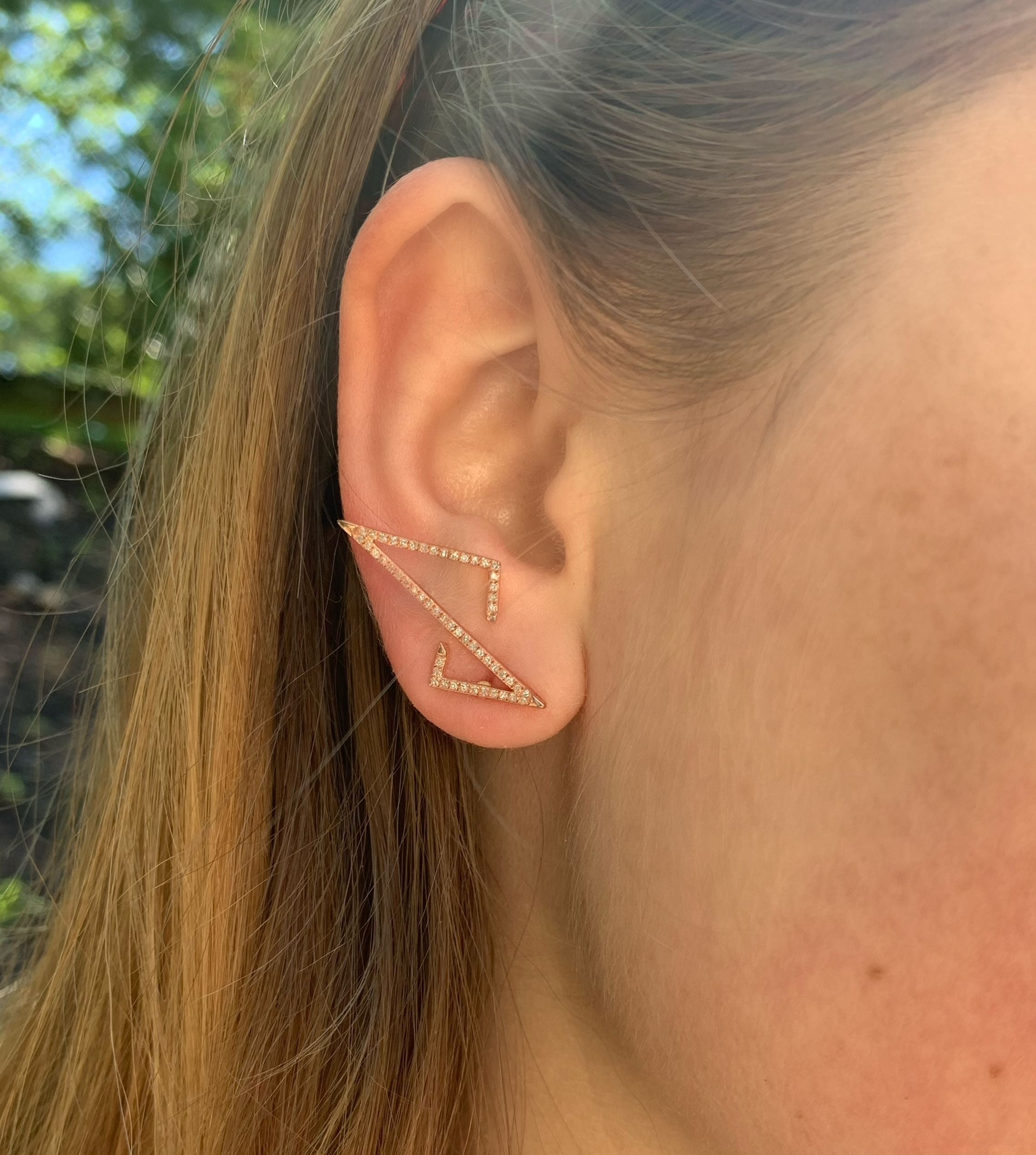 Electric Spark Zig Zag Diamond Earrings in 14K Rose Gold Vermeil, featuring a unique zig zag design with sparkling genuine diamonds.