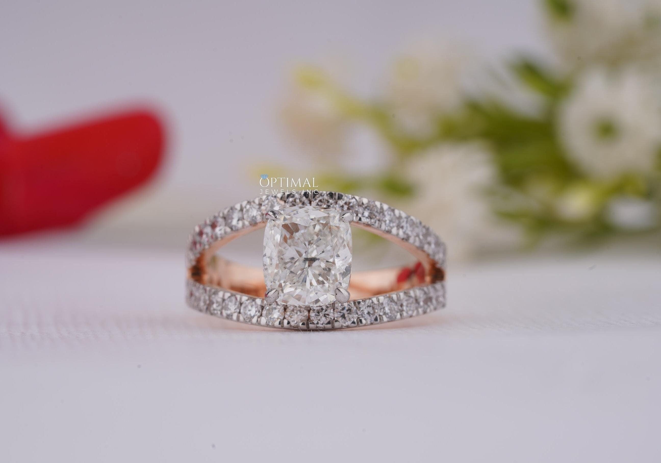 Elegant Cushion Cut Lab Grown Diamond Ring in rose gold, featuring a 2.80 Ctw cushion cut center stone and round cut side stones, beautifully crafted.