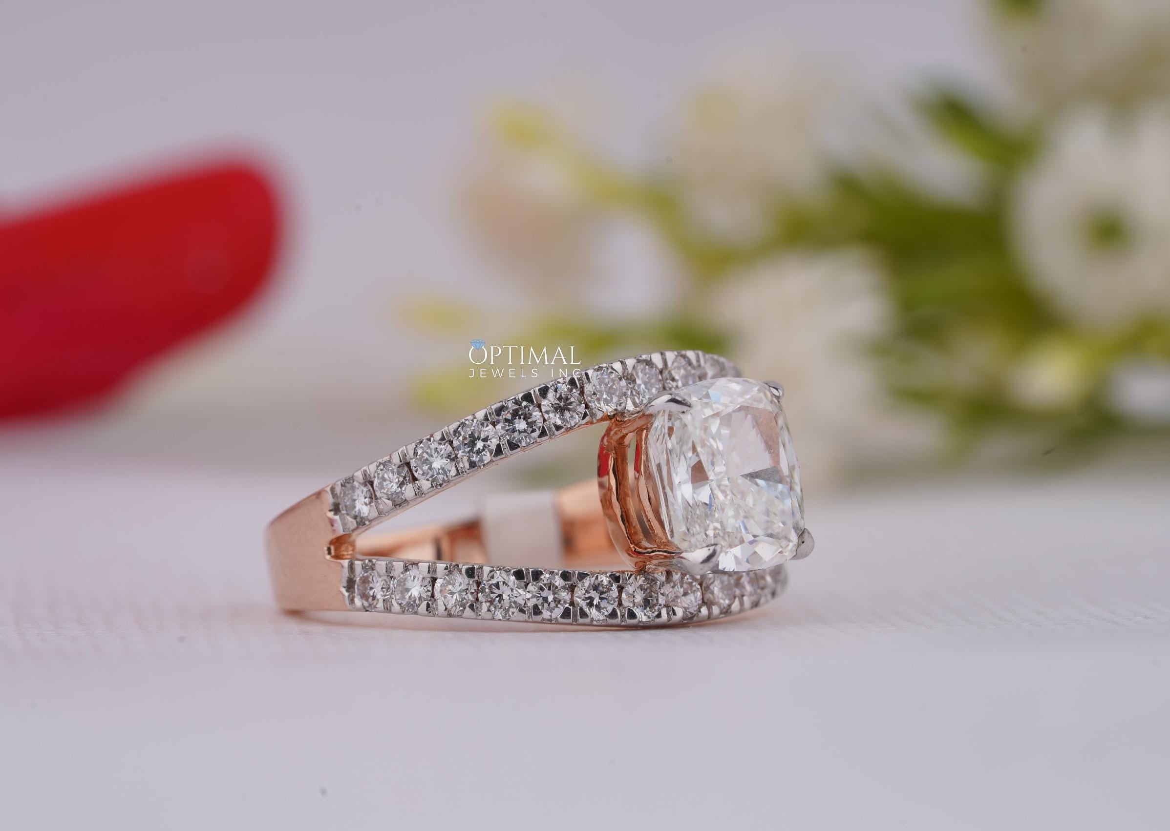 Elegant Cushion Cut Lab Grown Diamond Ring in rose gold, featuring a 2.80 Ctw cushion cut center stone and round cut side stones, beautifully crafted.