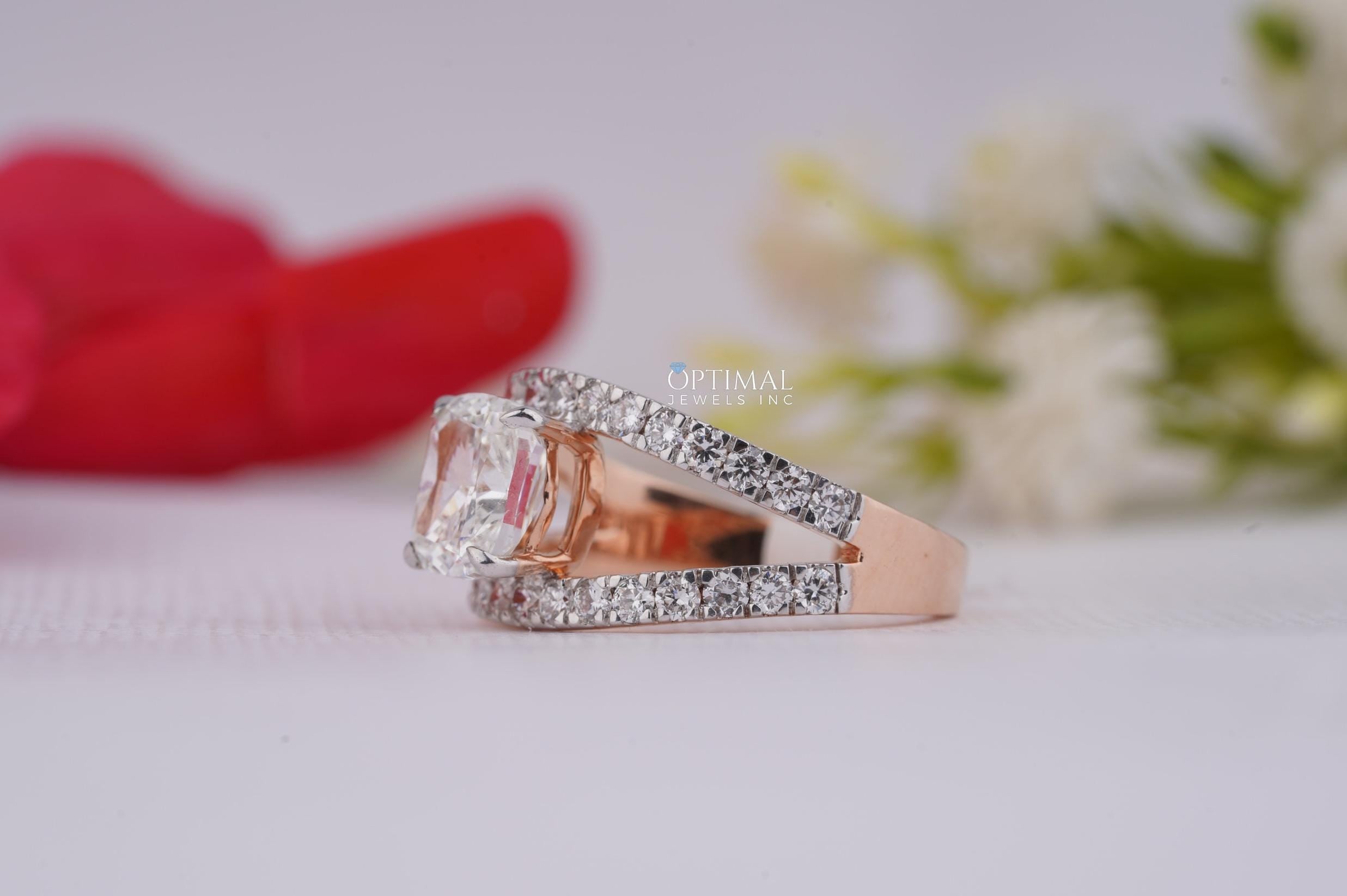Elegant Cushion Cut Lab Grown Diamond Ring in rose gold, featuring a 2.80 Ctw cushion cut center stone and round cut side stones, beautifully crafted.