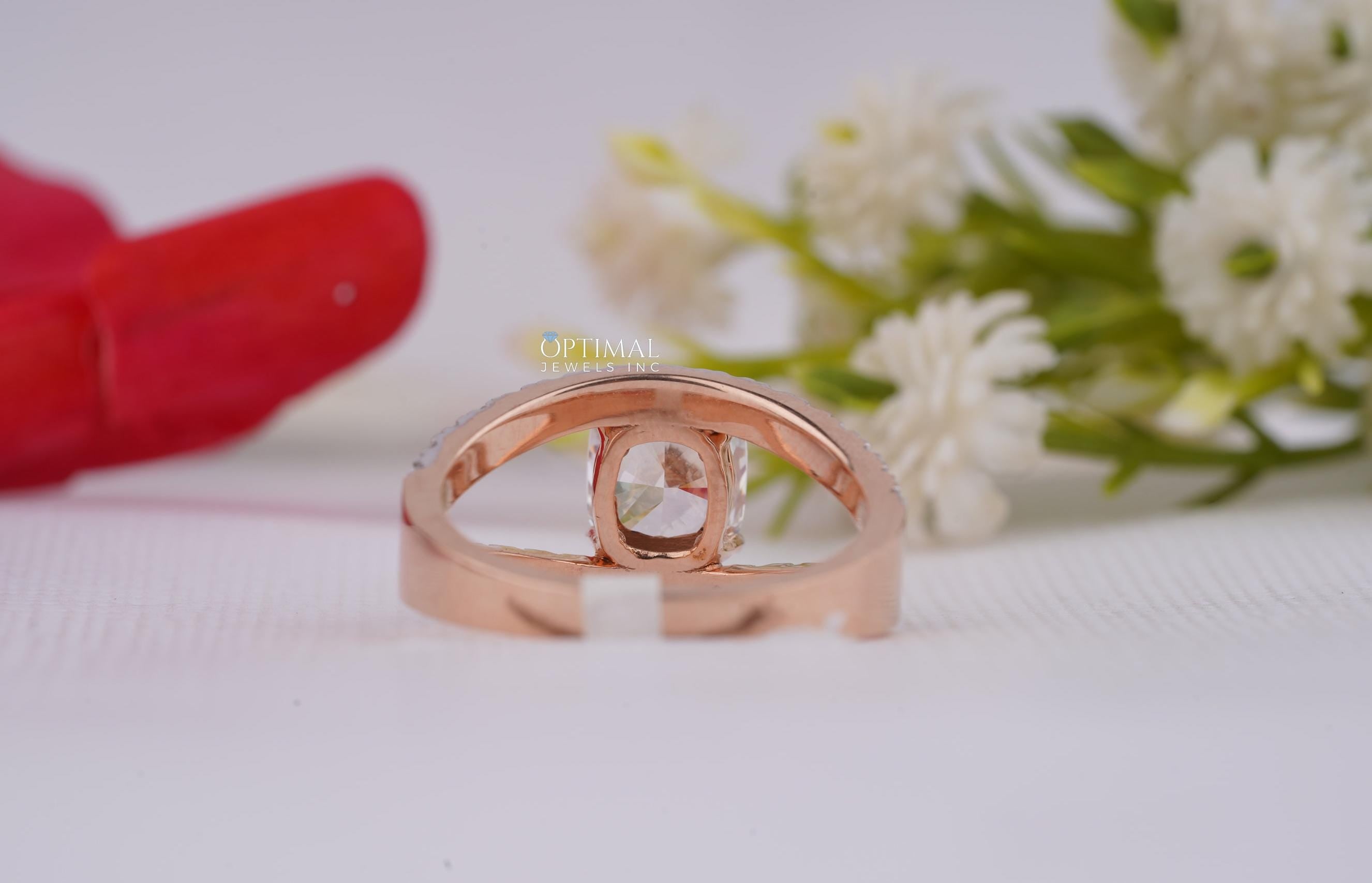 Elegant Cushion Cut Lab Grown Diamond Ring in rose gold, featuring a 2.80 Ctw cushion cut center stone and round cut side stones, beautifully crafted.