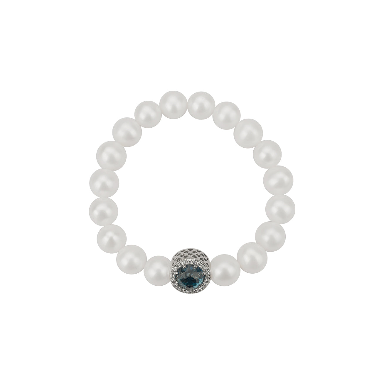 Elegant Freshwater Pearl Bracelet WB00039 featuring white pearls and sapphire blue cubic zirconia, set in gold-plated sterling silver.