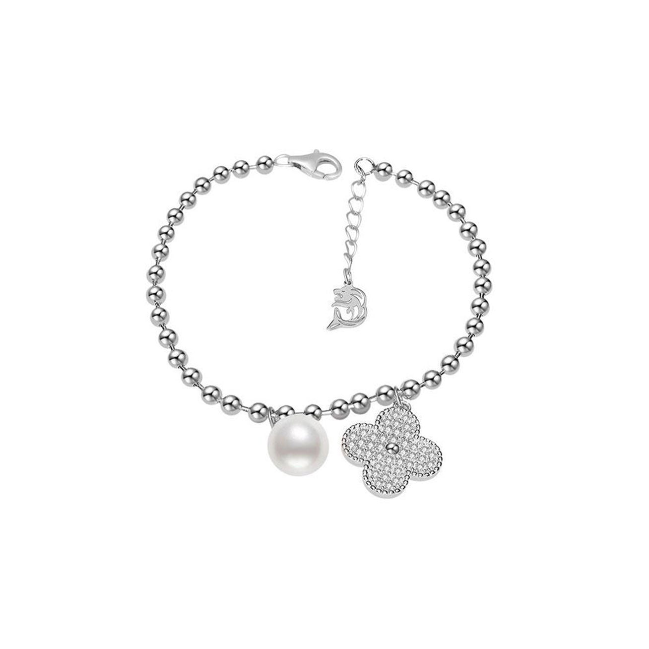 Elegant Freshwater Pearl Bracelet WB00068 featuring a silver ball chain, freshwater pearl, and candied flower charm.