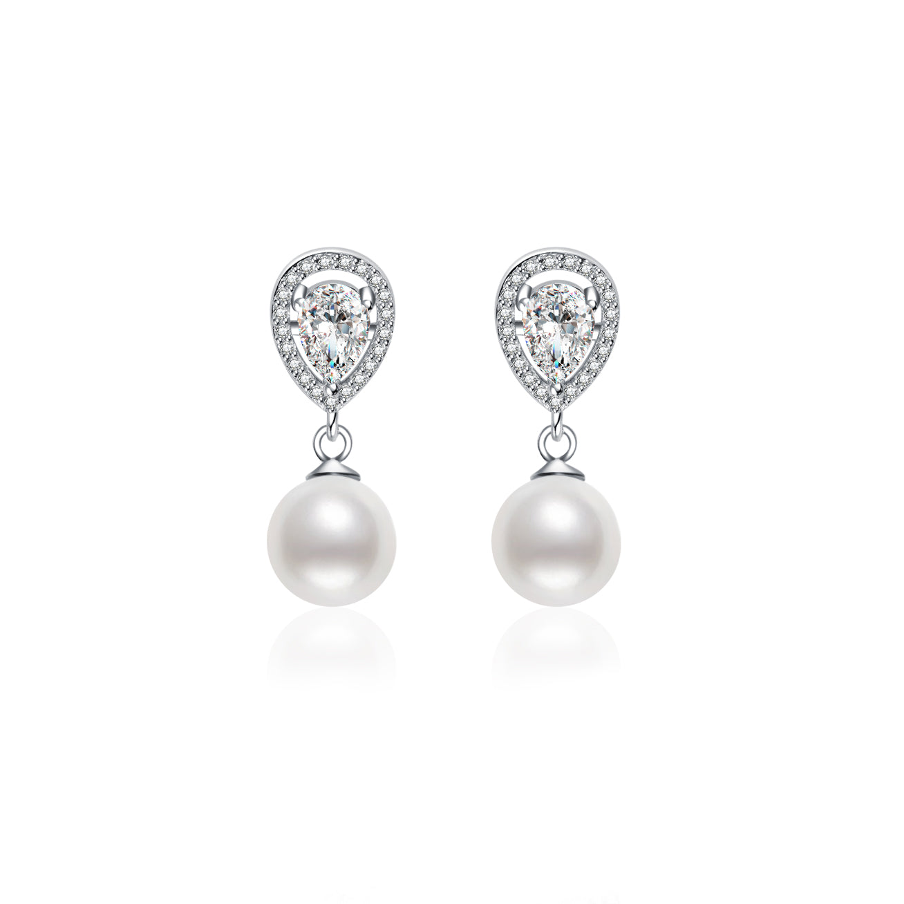 Elegant Freshwater Pearl Earrings WE00130 featuring round white pearls and cubic zirconia accents, crafted in sterling silver with gold plating.