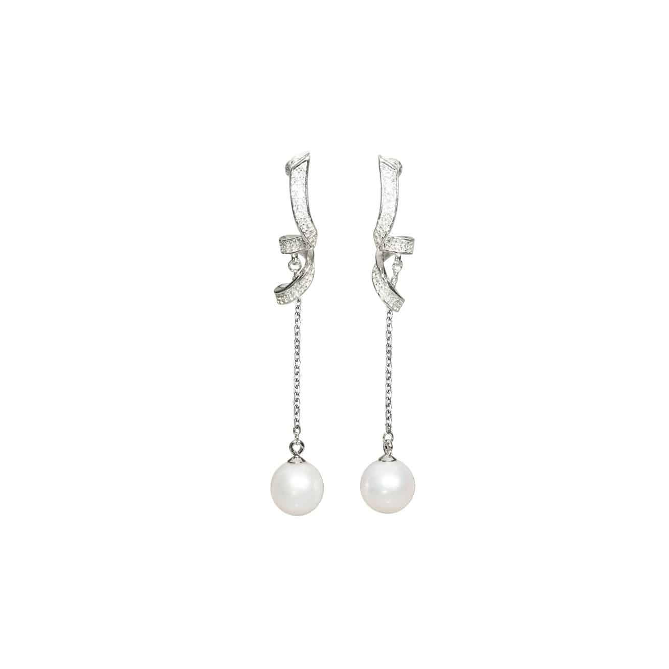 Elegant Freshwater Pearl Earrings featuring a single pearl drop and delicate ribbon design, crafted from sterling silver and gold plated.