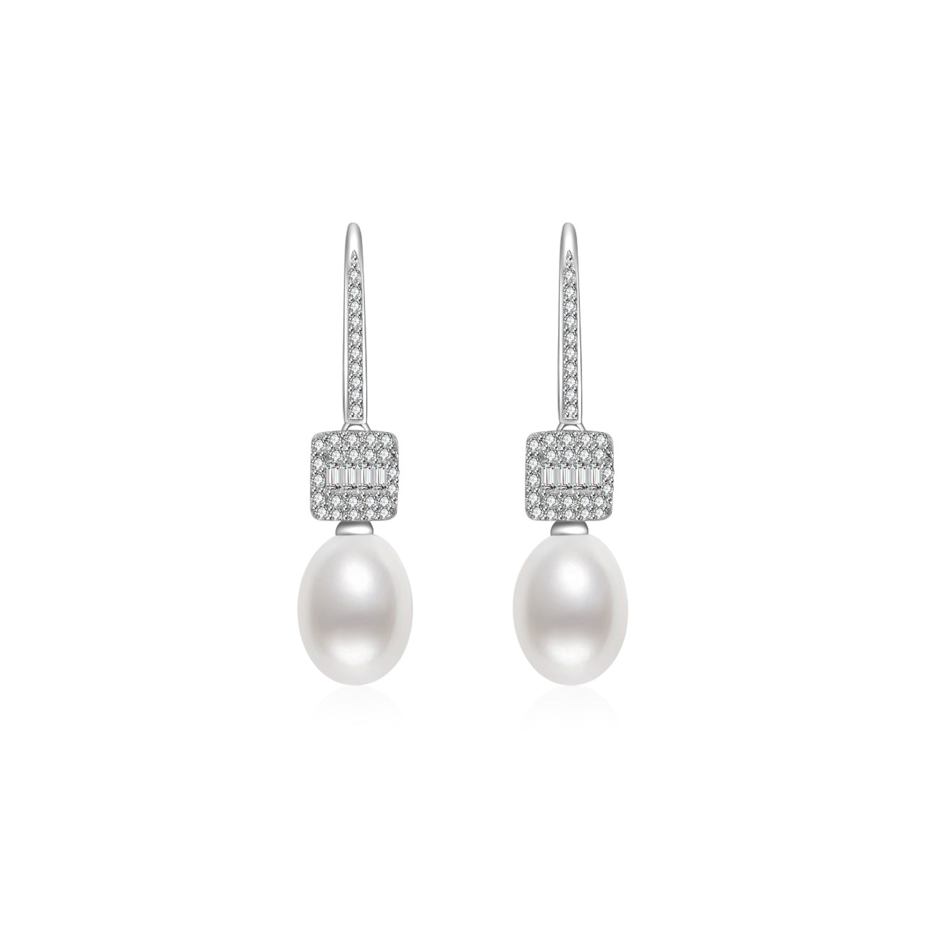 Elegant Freshwater Pearl Earrings with cubic zirconia embellishments, showcasing white pearls and sterling silver with gold plating.