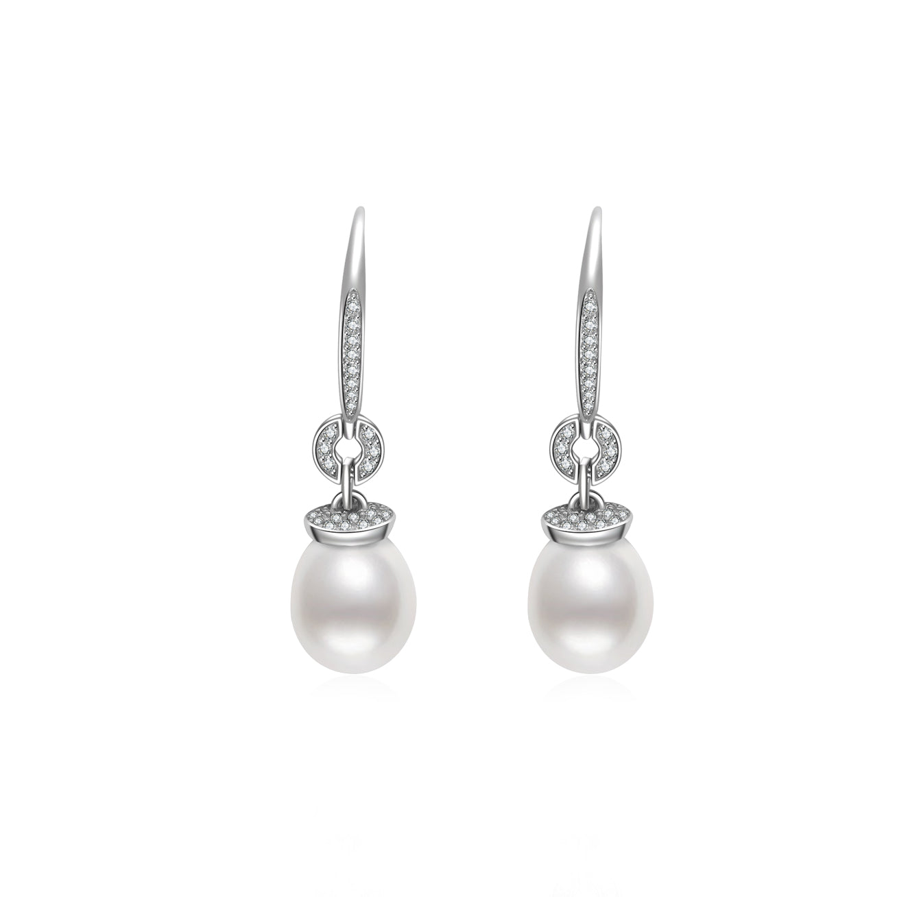 Elegant Freshwater Pearl Earrings featuring cubic zirconia embellishments, crafted from sterling silver with gold plating.
