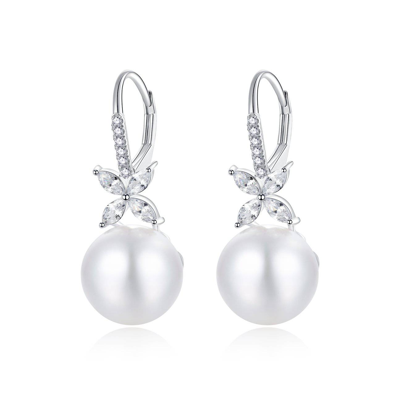 Elegant Freshwater Pearl Earrings featuring 8.5-9.5mm white pearls set in sterling silver with gold plating.