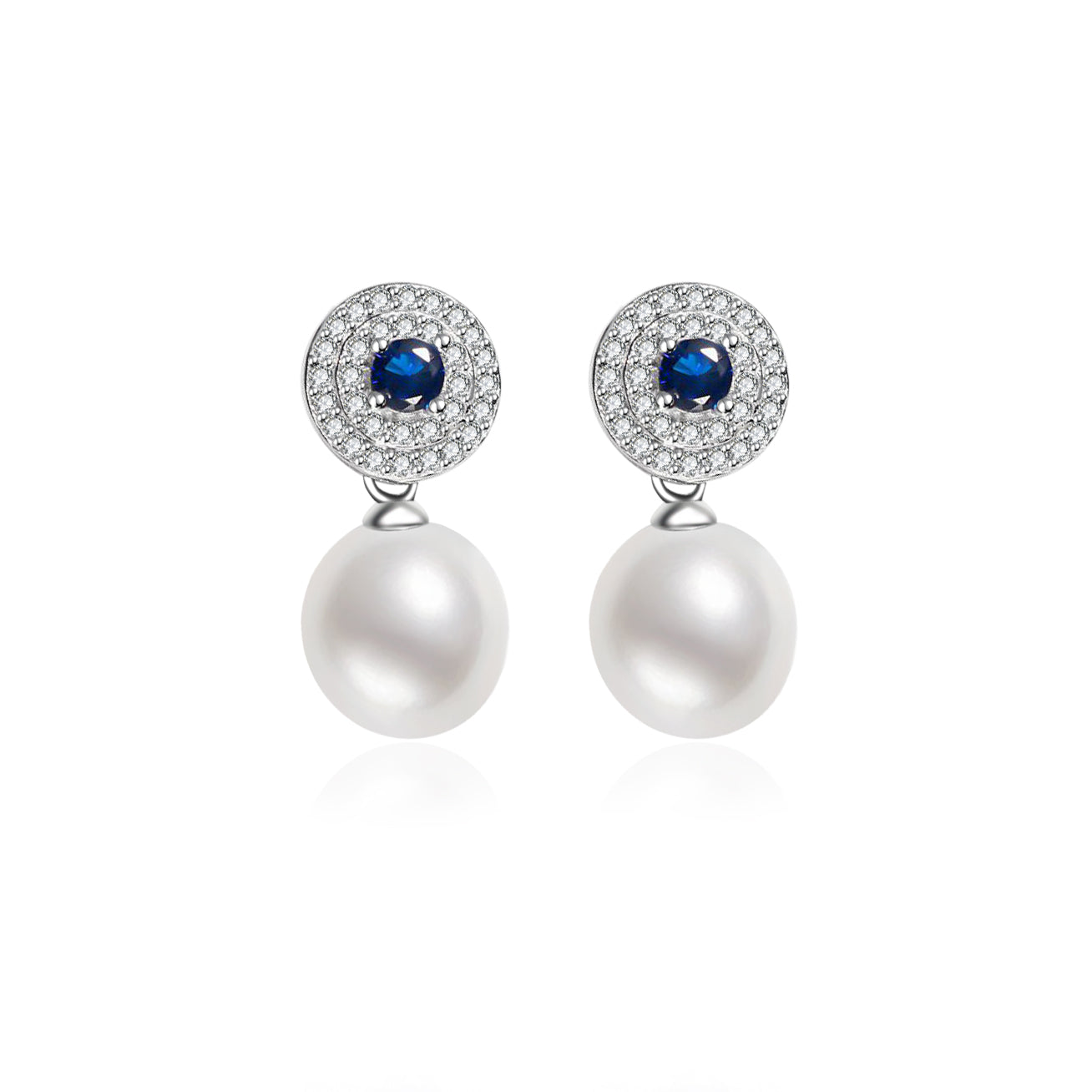 Elegant Freshwater Pearl Earrings with sapphire blue cubic zirconia, showcasing round white pearls and sterling silver with gold plating.
