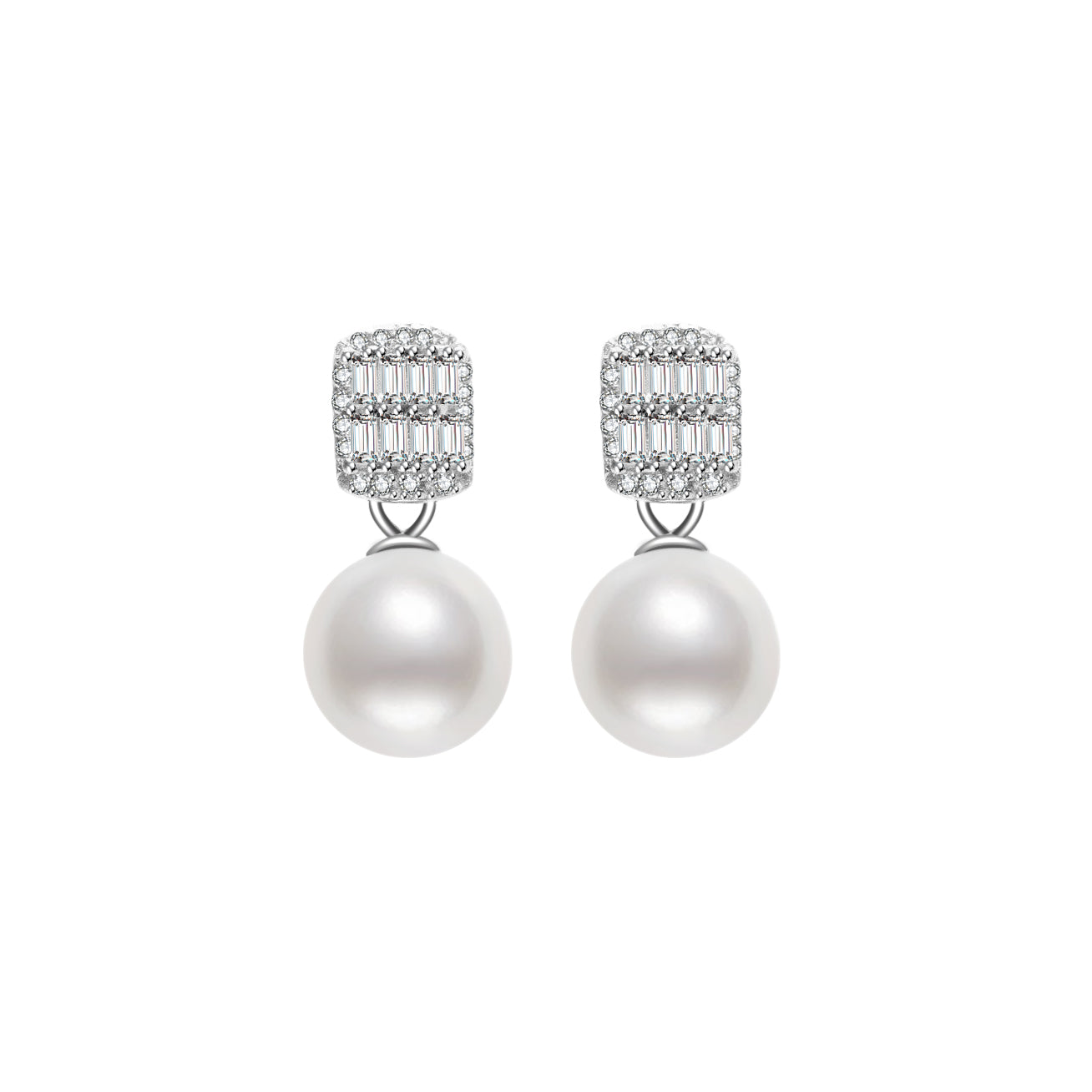 Elegant Freshwater Pearl Earrings WE00066 featuring round white pearls and sterling silver with gold plating.