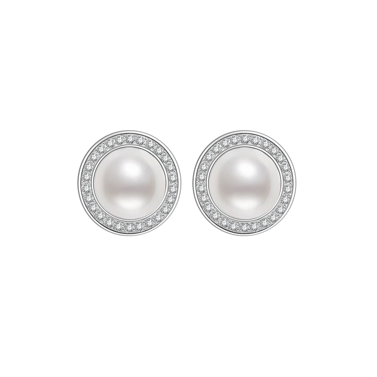 Elegant Freshwater Pearl Earrings WE00074 featuring white pearls and cubic zirconia in a sterling silver setting.