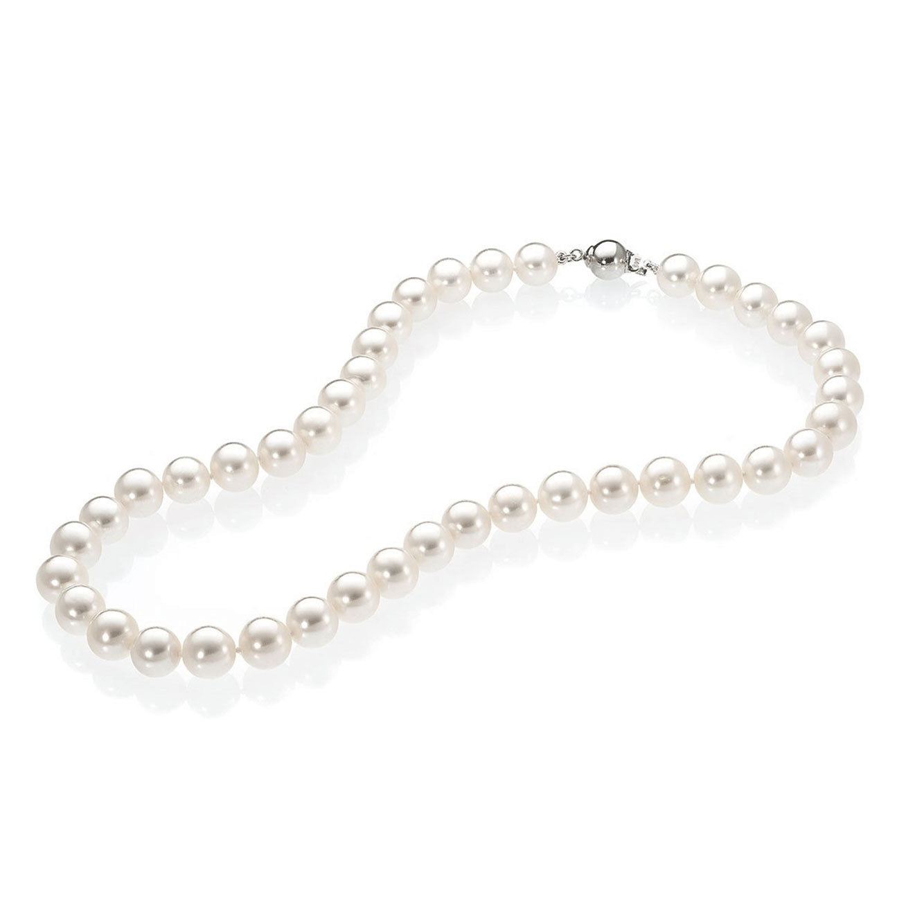 Elegant Freshwater Pearl Necklace WN00094 featuring classic round white pearls with a sterling silver clasp and gold plating.