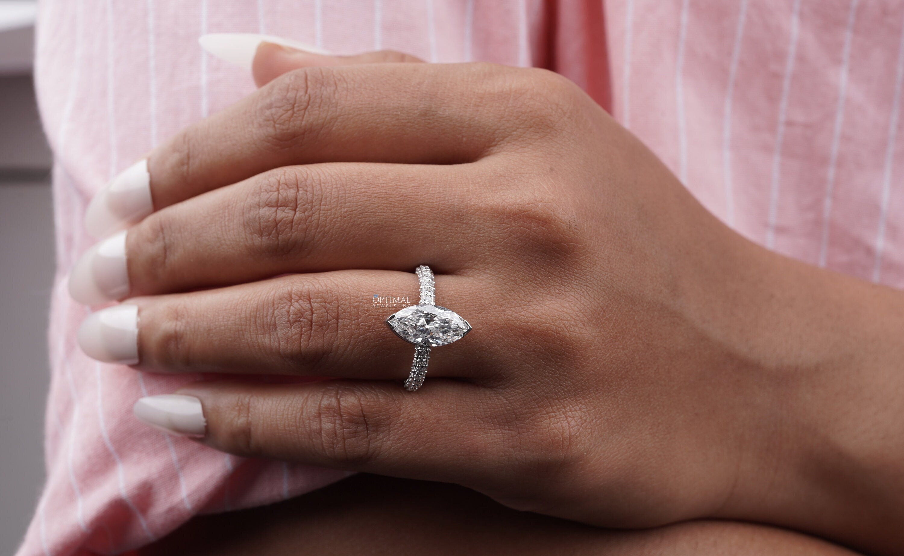 Elegant Marquise Cut Diamond Ring featuring a 2.20 Ctw lab-grown diamond in a pave setting, crafted in white gold.