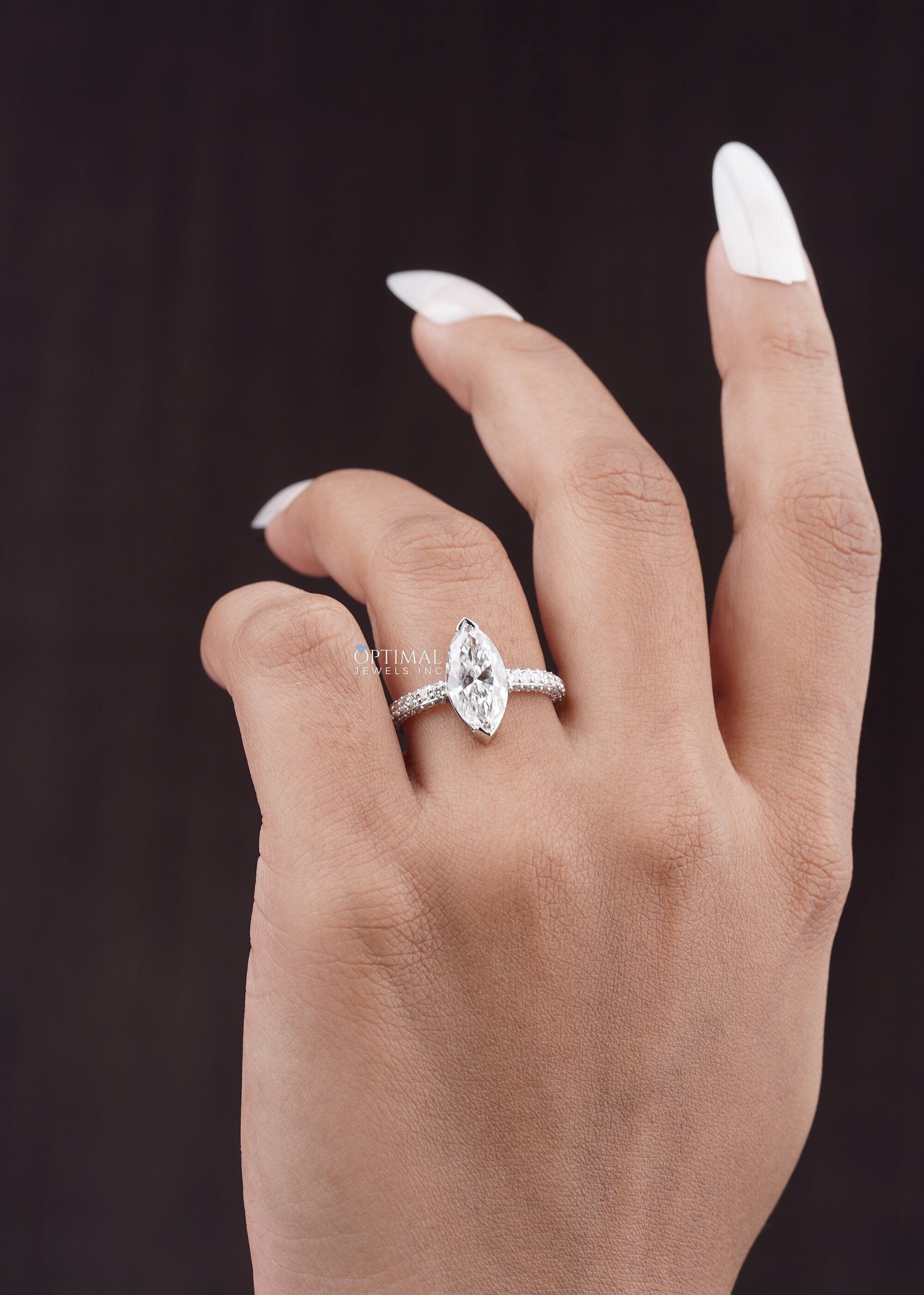 Elegant Marquise Cut Diamond Ring featuring a 2.20 Ctw lab-grown diamond in a pave setting, crafted in white gold.
