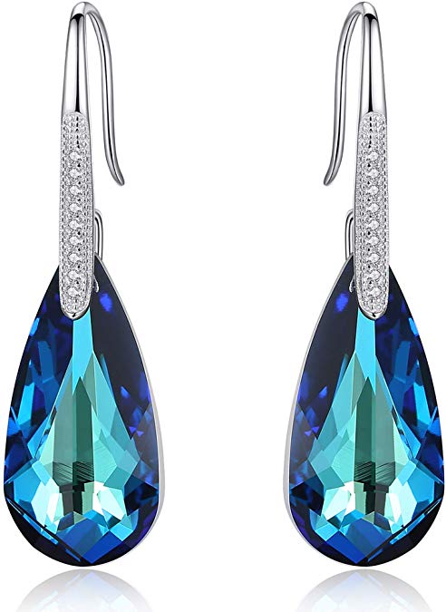 Elegant Elements Bermuda Blue Drop Earring in 14K White Gold Plating featuring a teardrop design and fish hook clasp.