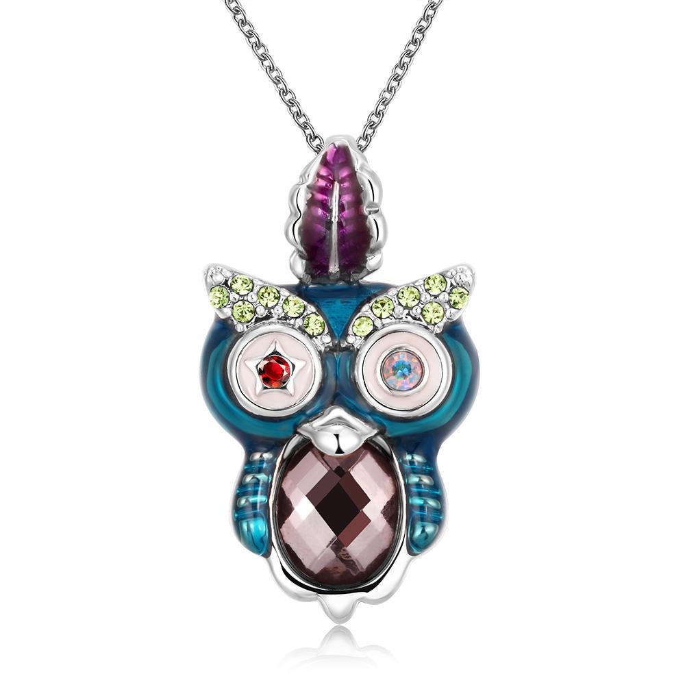 Elements Owl Pendant Necklace featuring certified crystals and 18K white gold plating, elegantly designed for comfort and style.