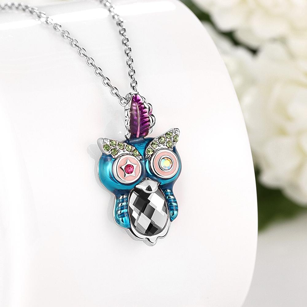 Elements Owl Pendant Necklace featuring certified crystals and 18K white gold plating, elegantly designed for comfort and style.