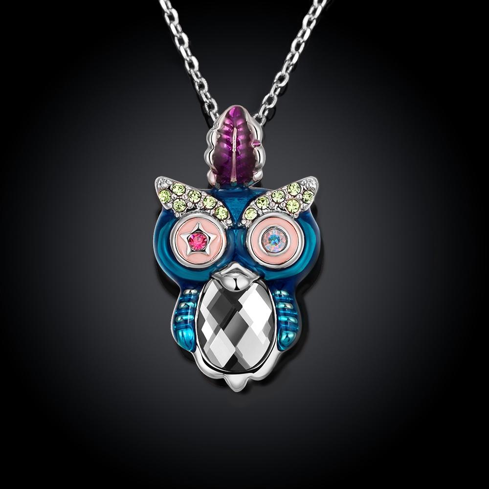 Elements Owl Pendant Necklace featuring certified crystals and 18K white gold plating, elegantly designed for comfort and style.