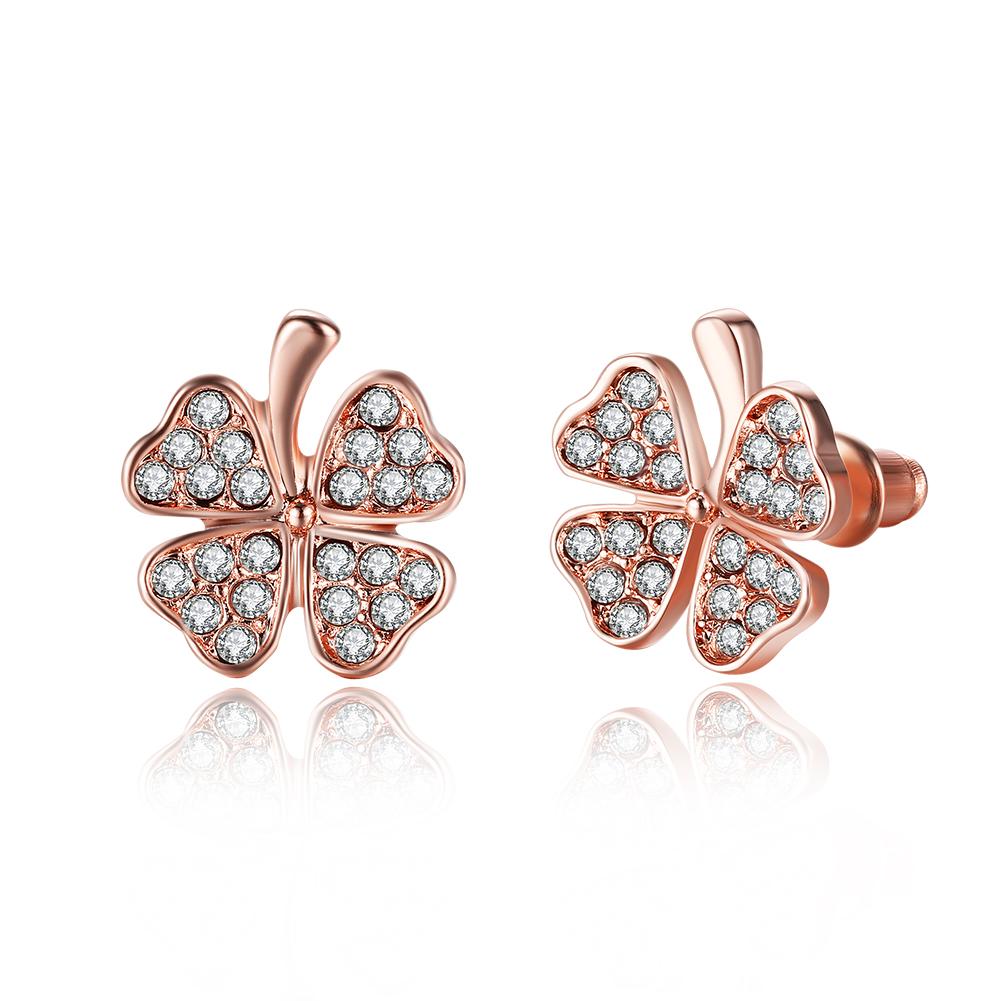 Elegant Elements Pav'e Clover Studs in 14K Rose Gold with certified crystals, showcasing a delicate clover design.