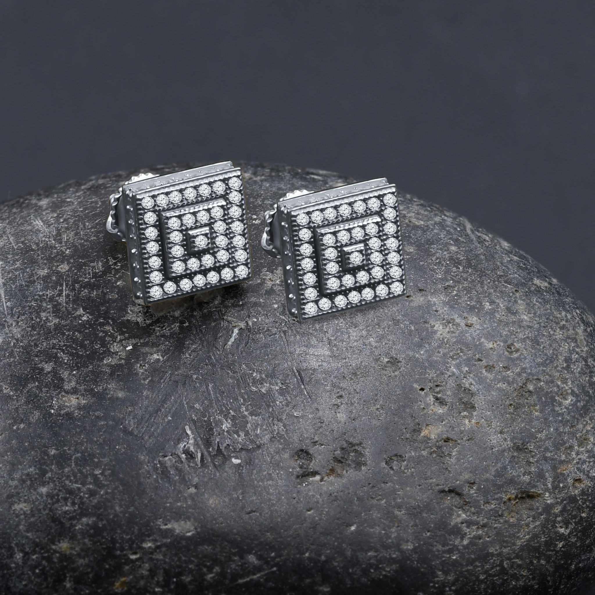 ELFIN Screw Back Earrings featuring a diamond shape with intricate cubic zirconia stones, elegantly designed for everyday wear.