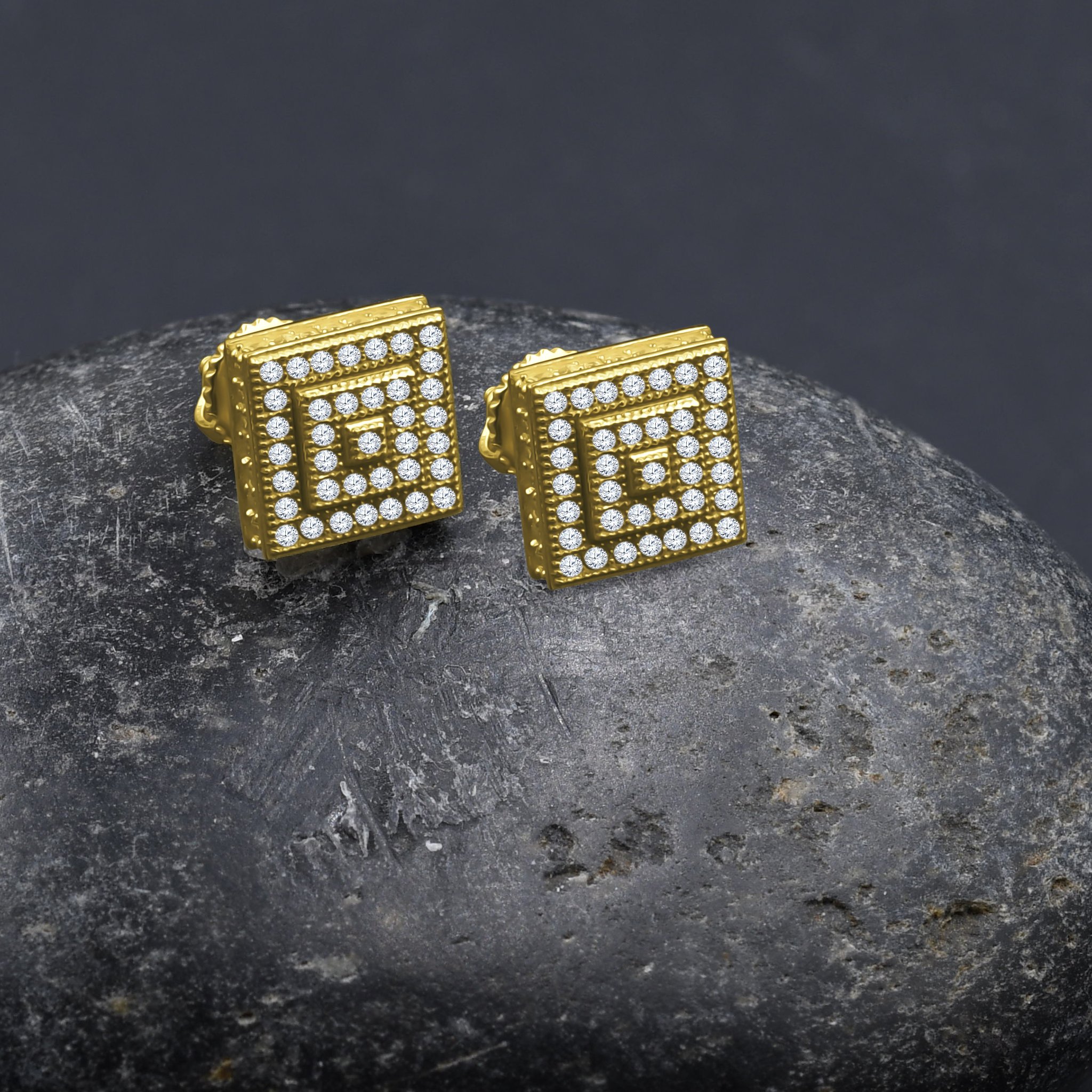 Elfin Screw Back earrings featuring intricate diamond-shaped design with sparkling cubic zirconia stones set in brass copper metal.